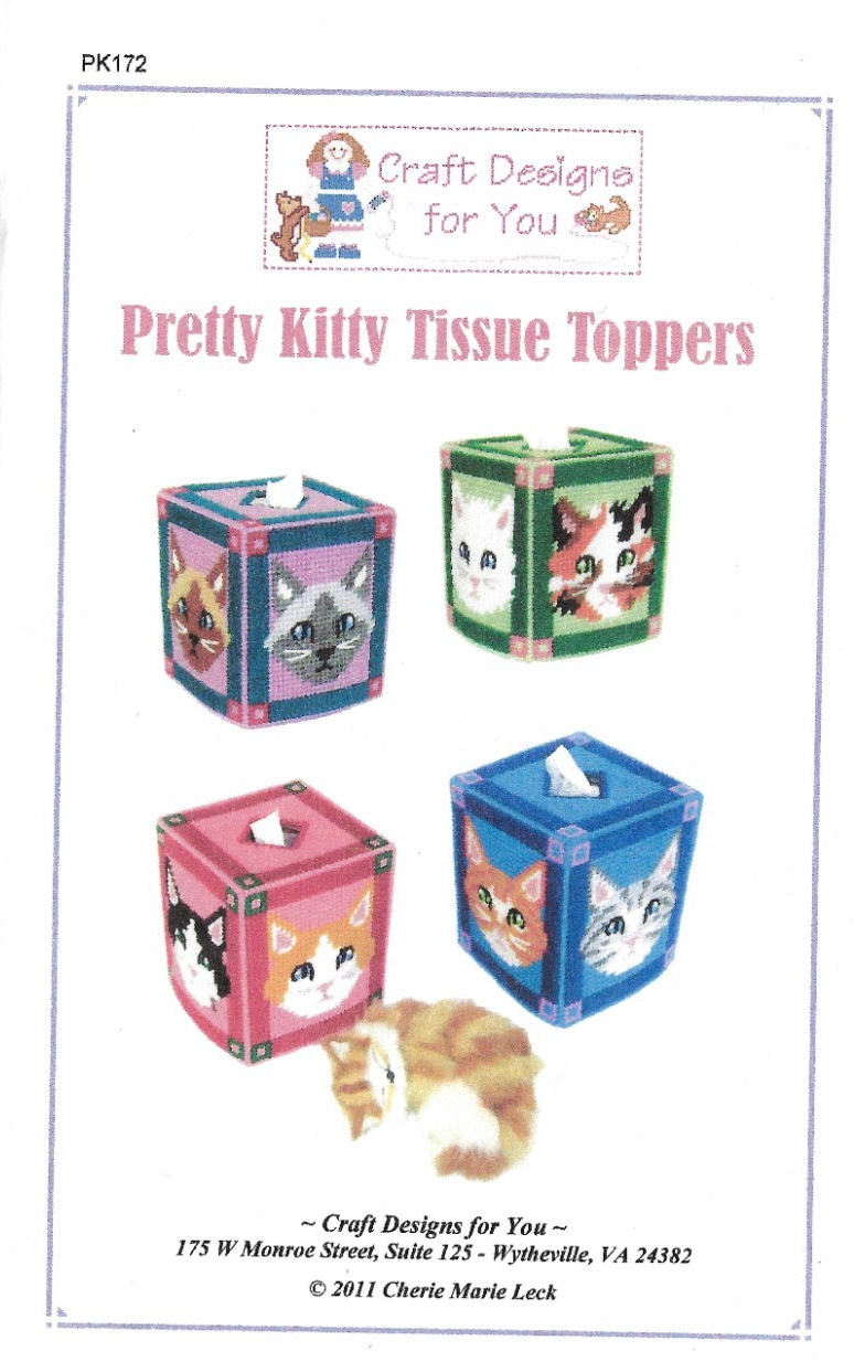 PRETTY KITTY TISSUE TOPPERS BOX COVER  plastic canvas  PATTERN (#TF0514)