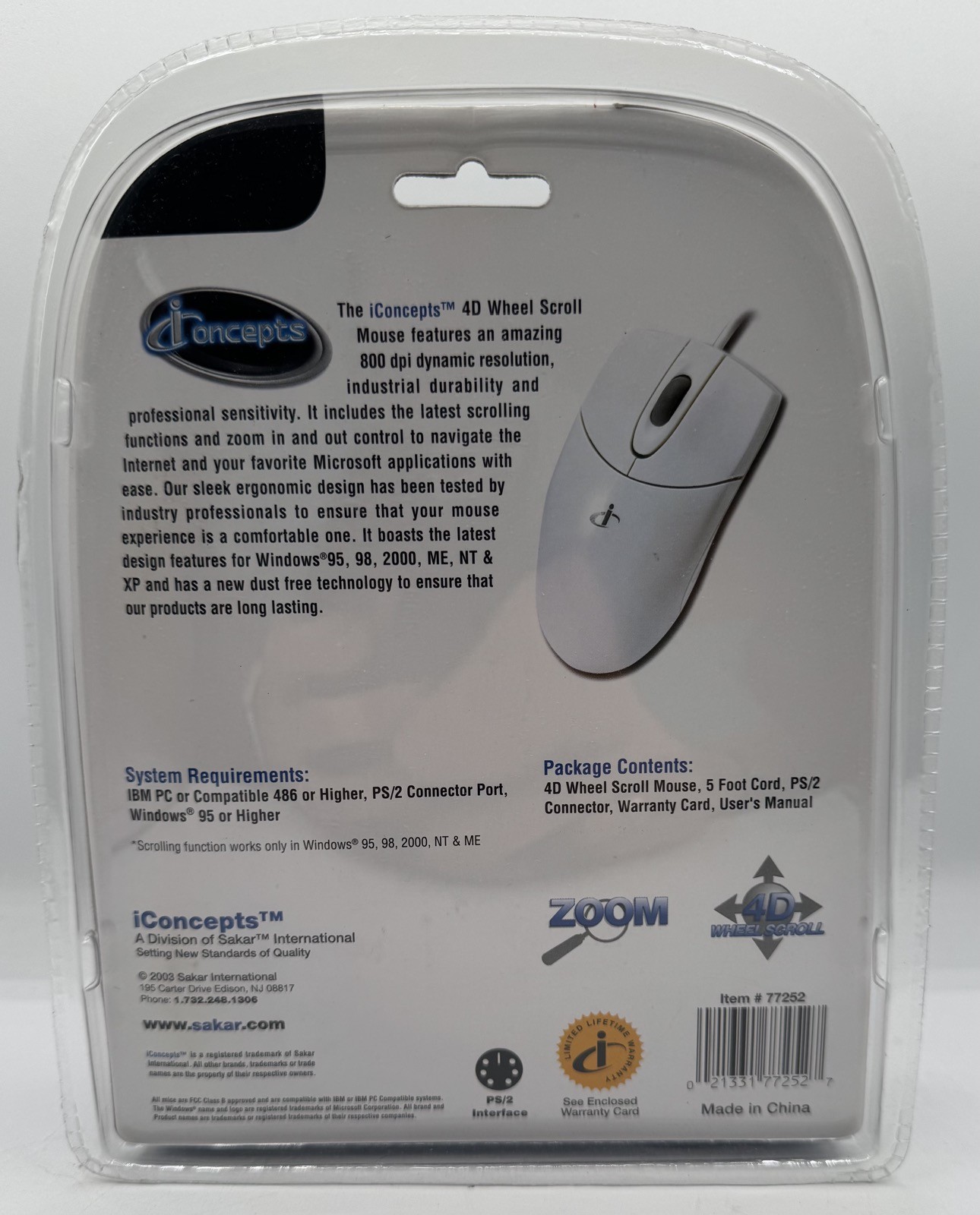 Vintage iConcepts 4D Wheel Scroll Mouse PS/2 Interface - New Sealed