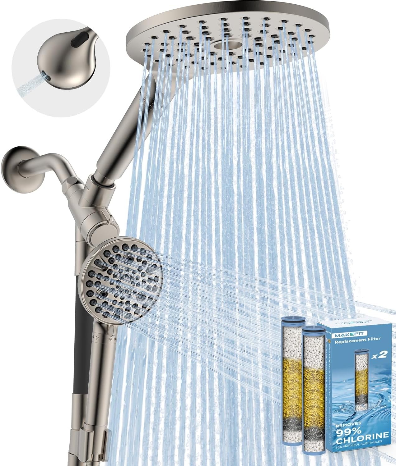 MakeFit Dual Filtered Rain Shower Head Combo, High Pressure Handheld Shower Head
