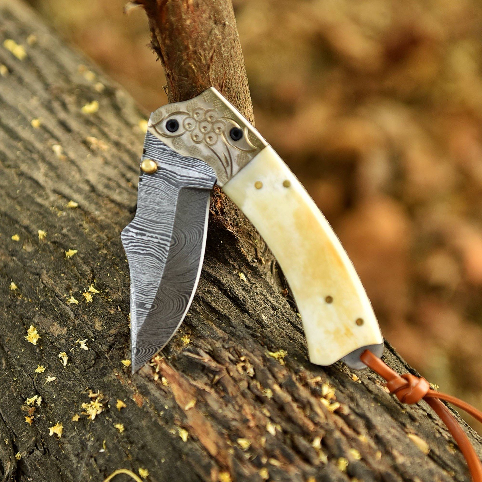Damascus Folding Dagger Blade Pocket knife Knife Tactical- Camel Bone - Sheath