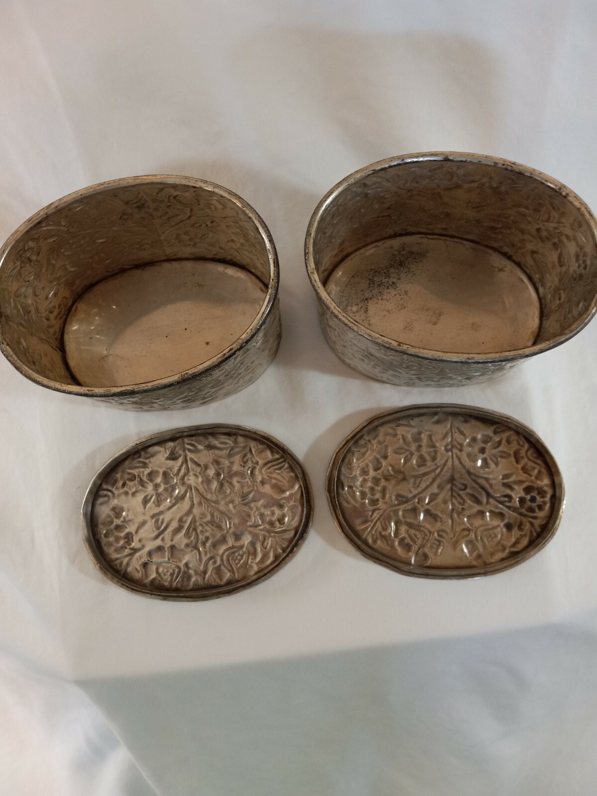 Two Oval Metal Decorative Trinket Boxes Rustic With Lids