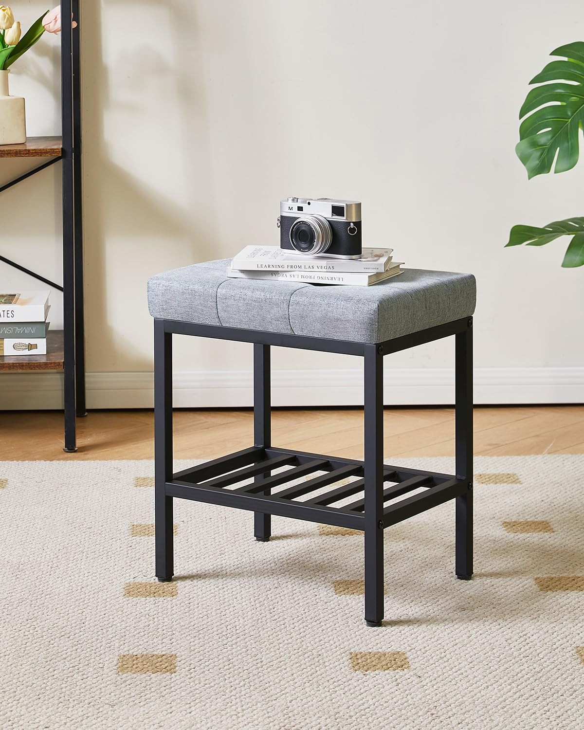 WBD017L Rectangular Makeup Stool Adjustable Storage Linen Vanity Blue Gray