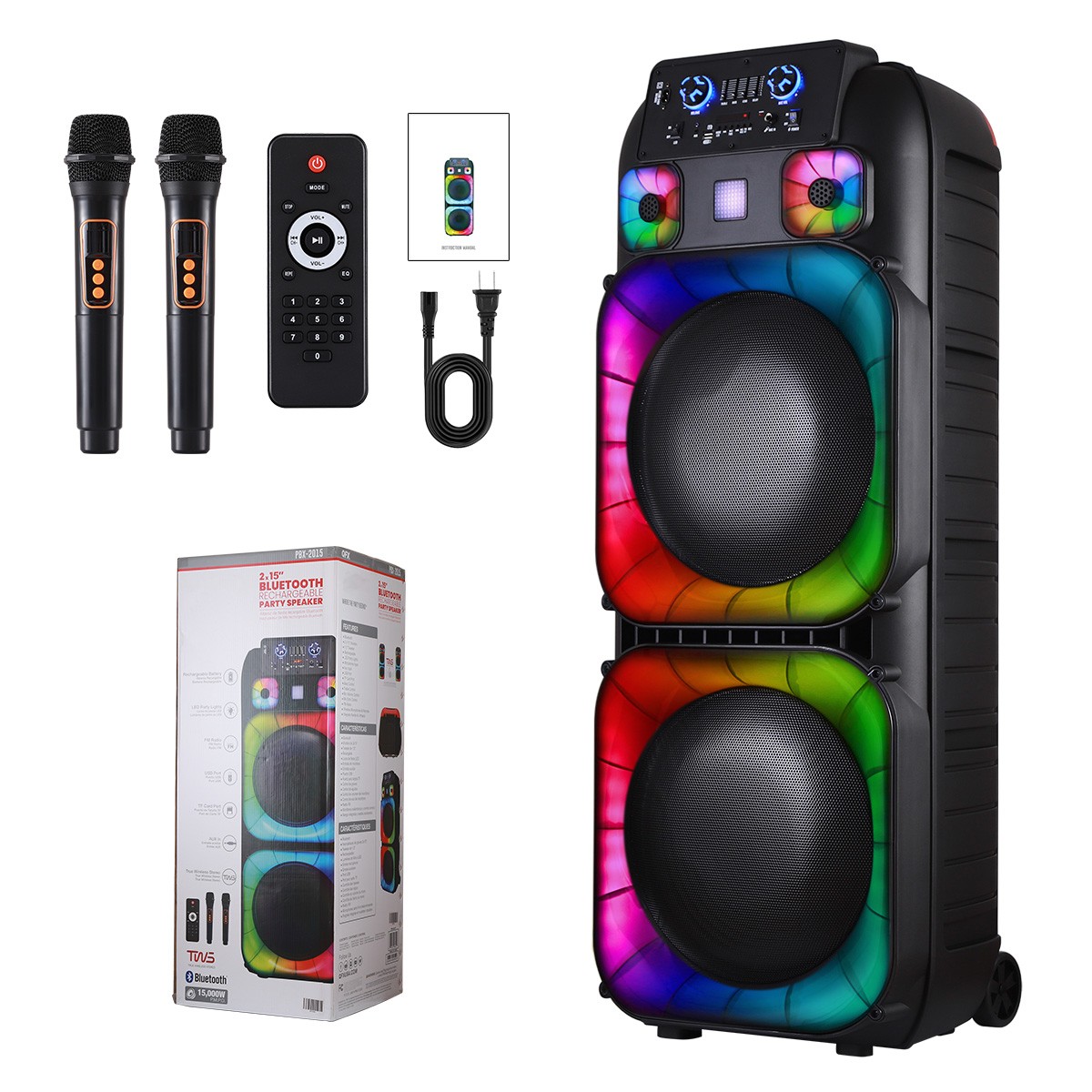 Dual 15" Massive Speaker Wireless Mic TWS PA System Party Speaker LED Lights USB