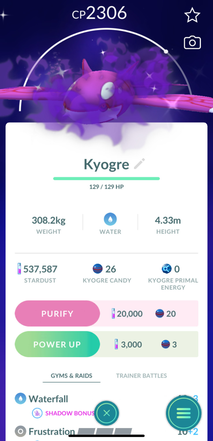 Shiny Kyogre Shadow - P T C 100k stardust and 20 Candies - Read Description