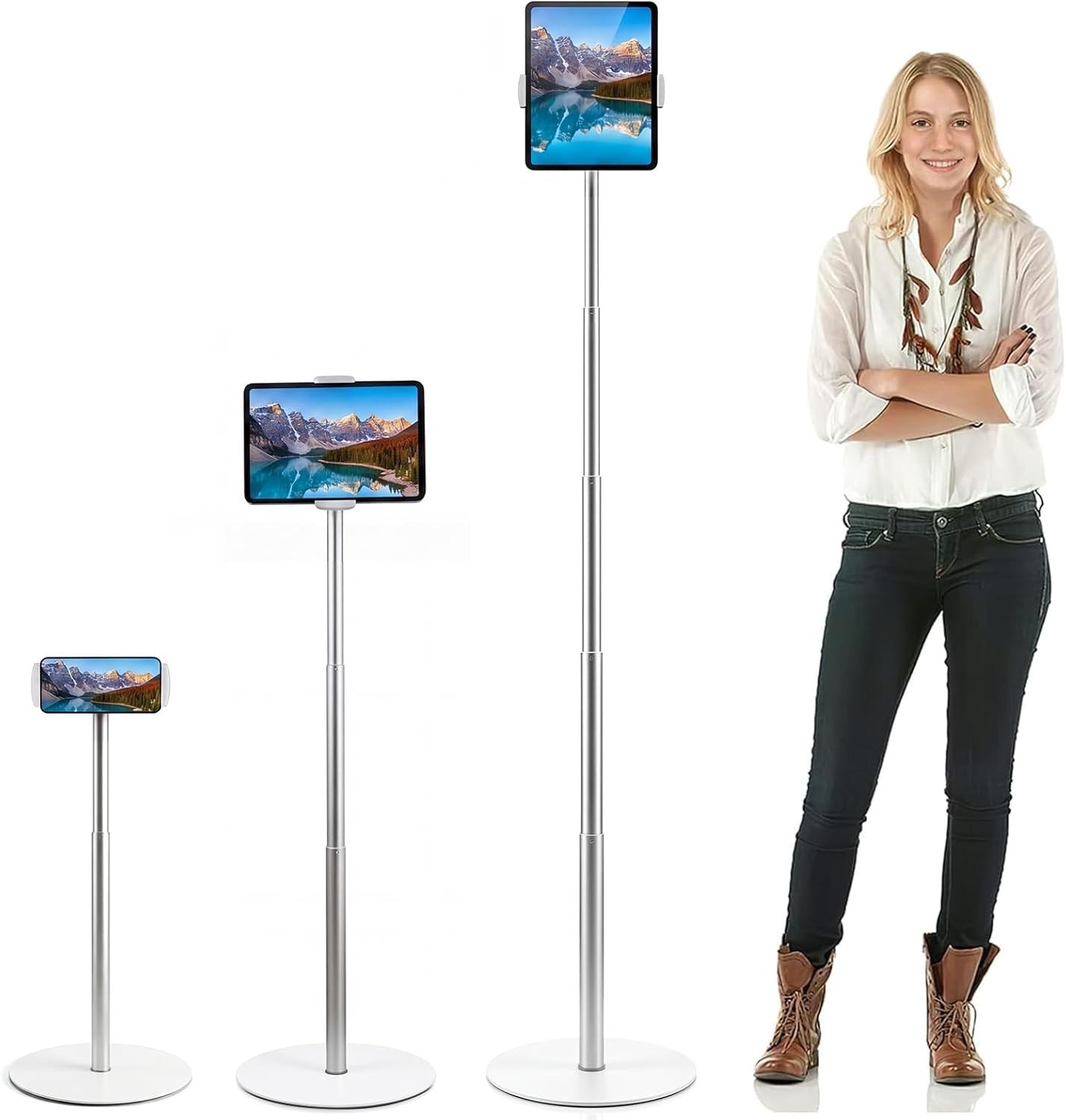 Heavy-Duty iPad Floor Stand - 66.1" Height-Adjustable Universal Tablet Holder,