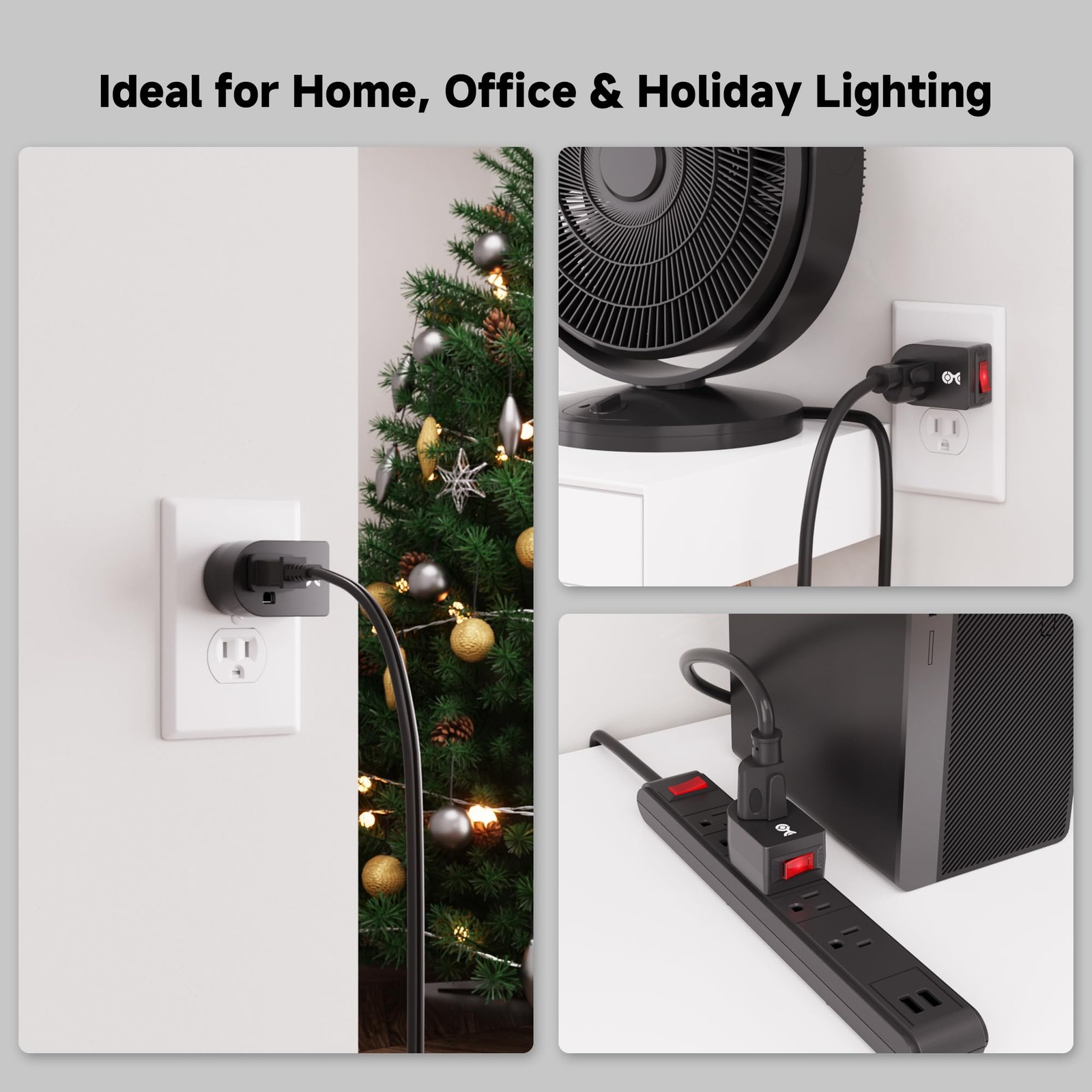 3-Pack Grounded Outlet Switch with On Off, Plug Switch On Off, Single , Black