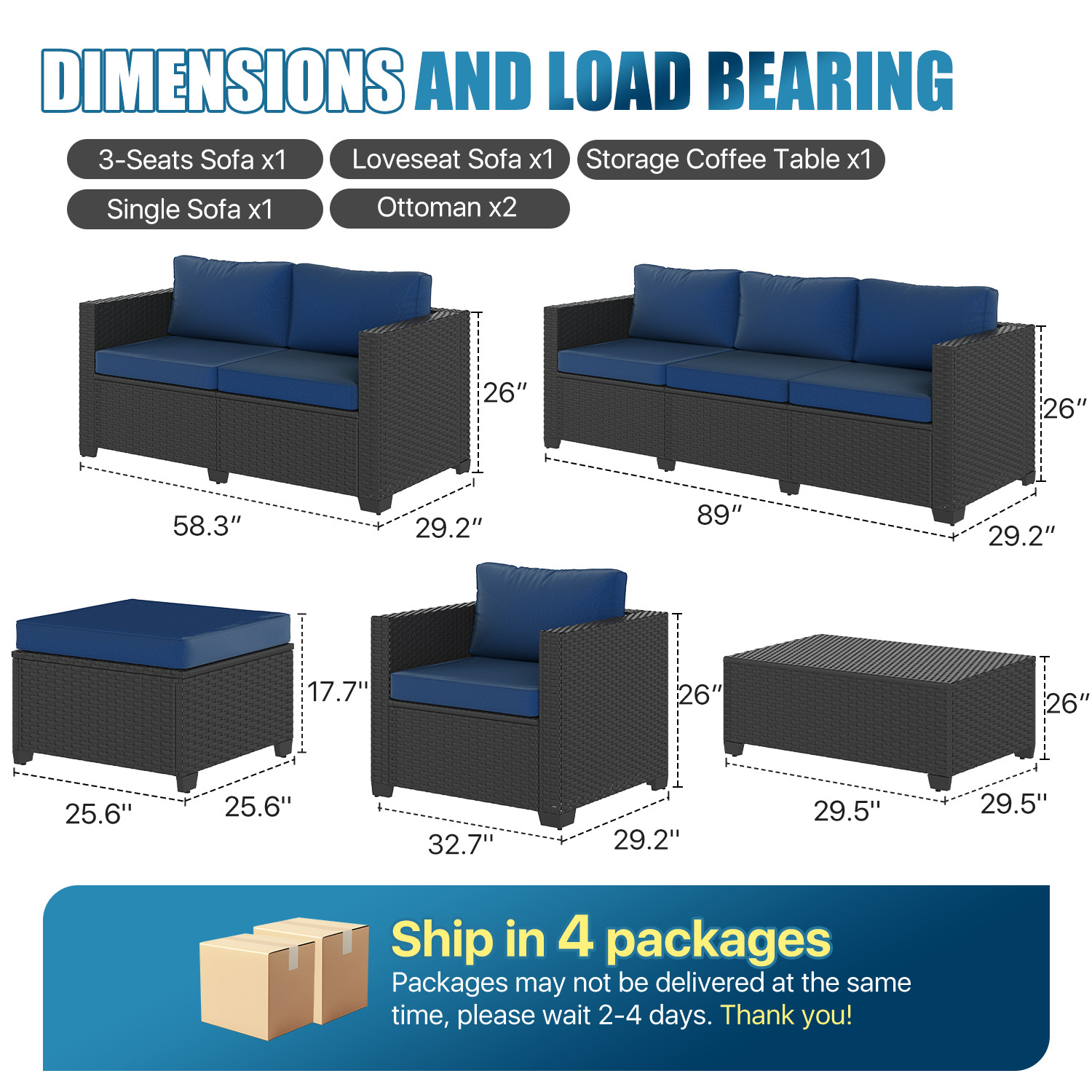 7-Piece Black Rattan Sofa Set w/ Storage Coffee Table Navy Blue 9-Seat