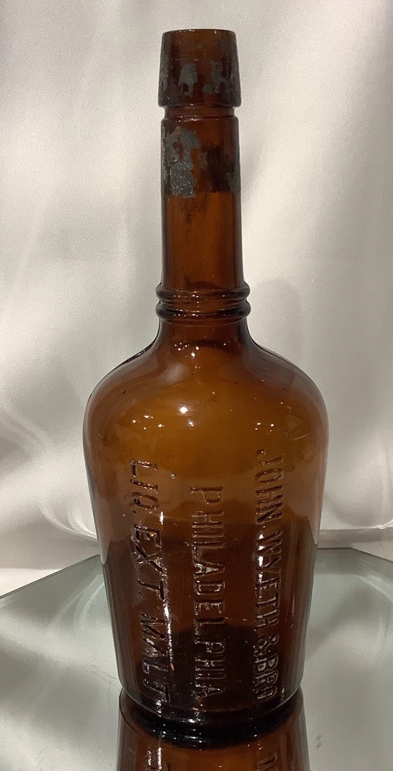 Amber 9.25” Bottle John Wyeth & Bro Philadelphia Liq Liquor Ext. Malt Apothecary