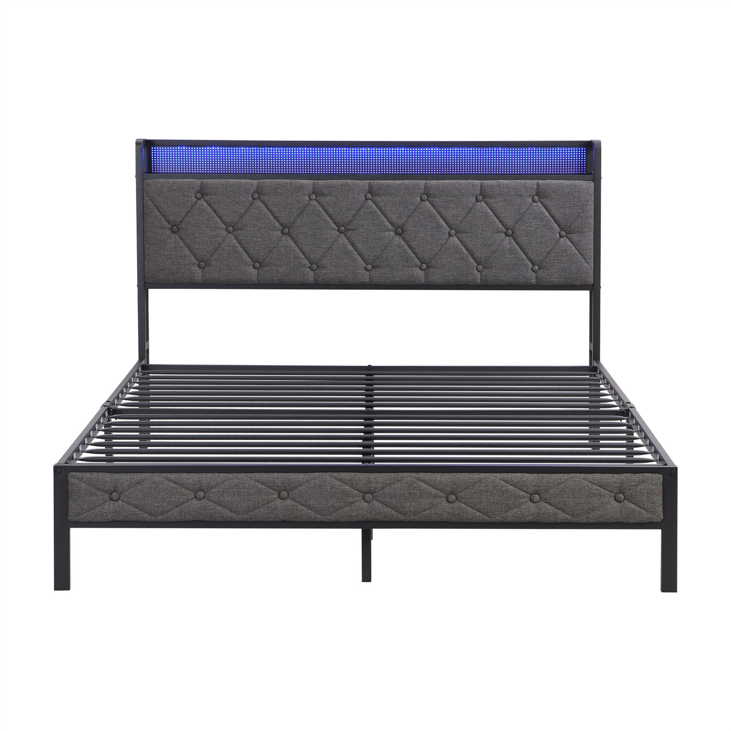 Full Size LED Bed Frame w/ Headboard and USB Port Upholstered Platform Bed Frame