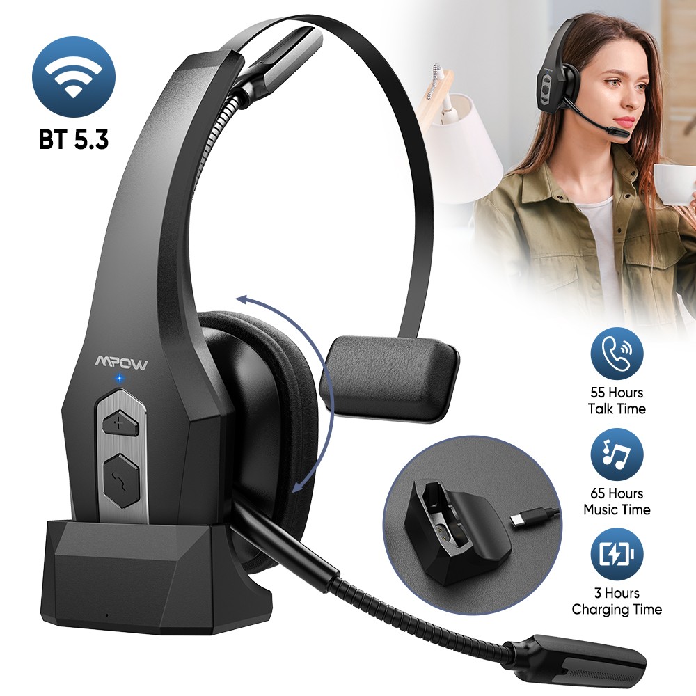 MPOW Trucker Bluetooth 5.3 Headset with Noise Cancelling with charging base