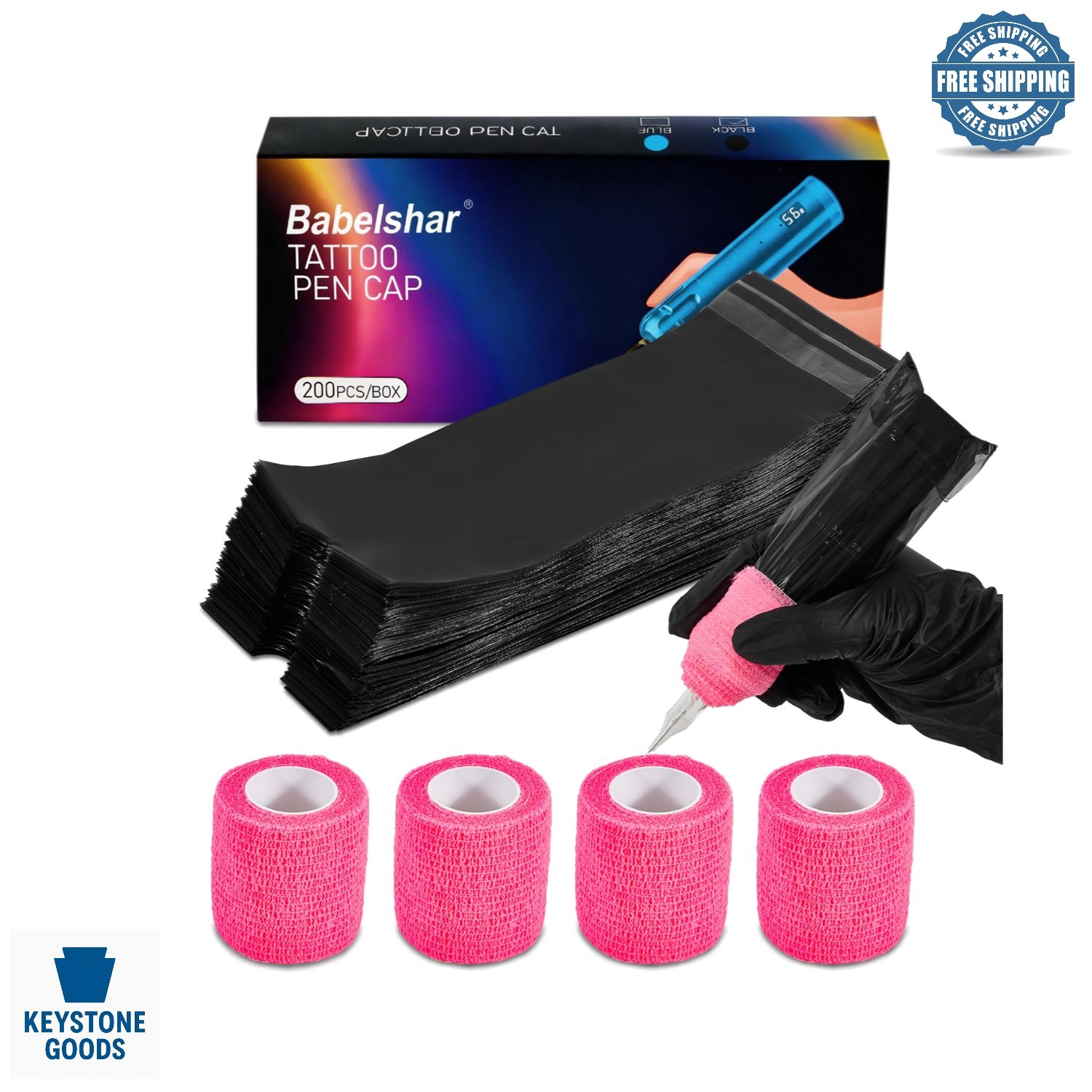 200 Pcs Waterproof Black Tattoo Machine Covers + Pink Grip Tape Set