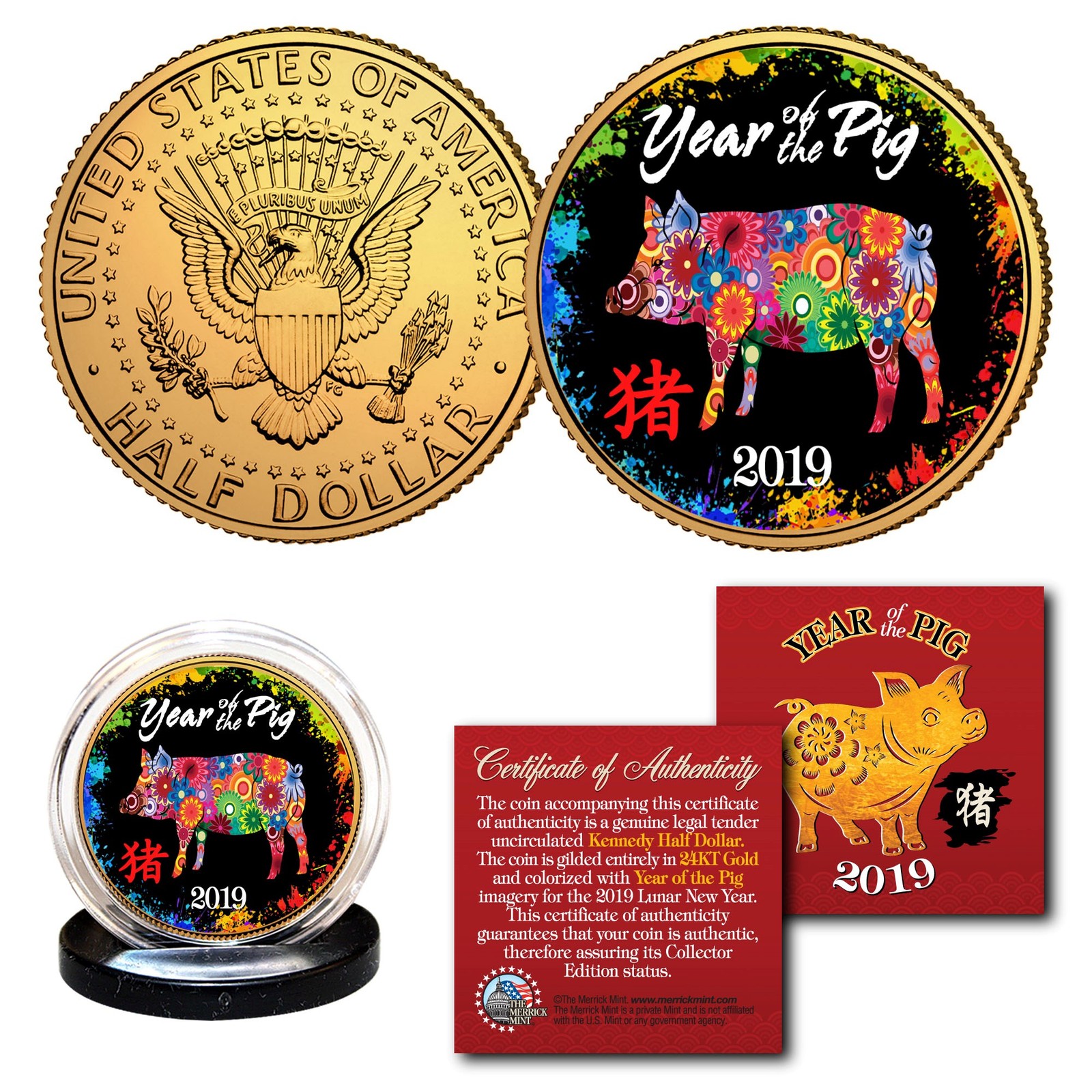 2019 Lunar New YEAR OF THE PIG 24K Gold Plated JFK Half Dollar Coin Polychrome