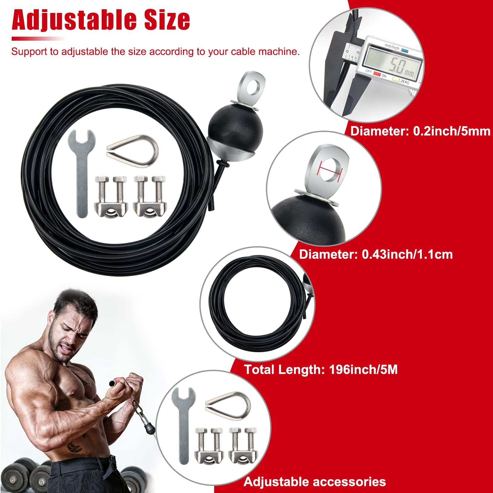 Cable 196Inch Adjustable Home Gym Cable Pulley System Replacement Fitness Cable