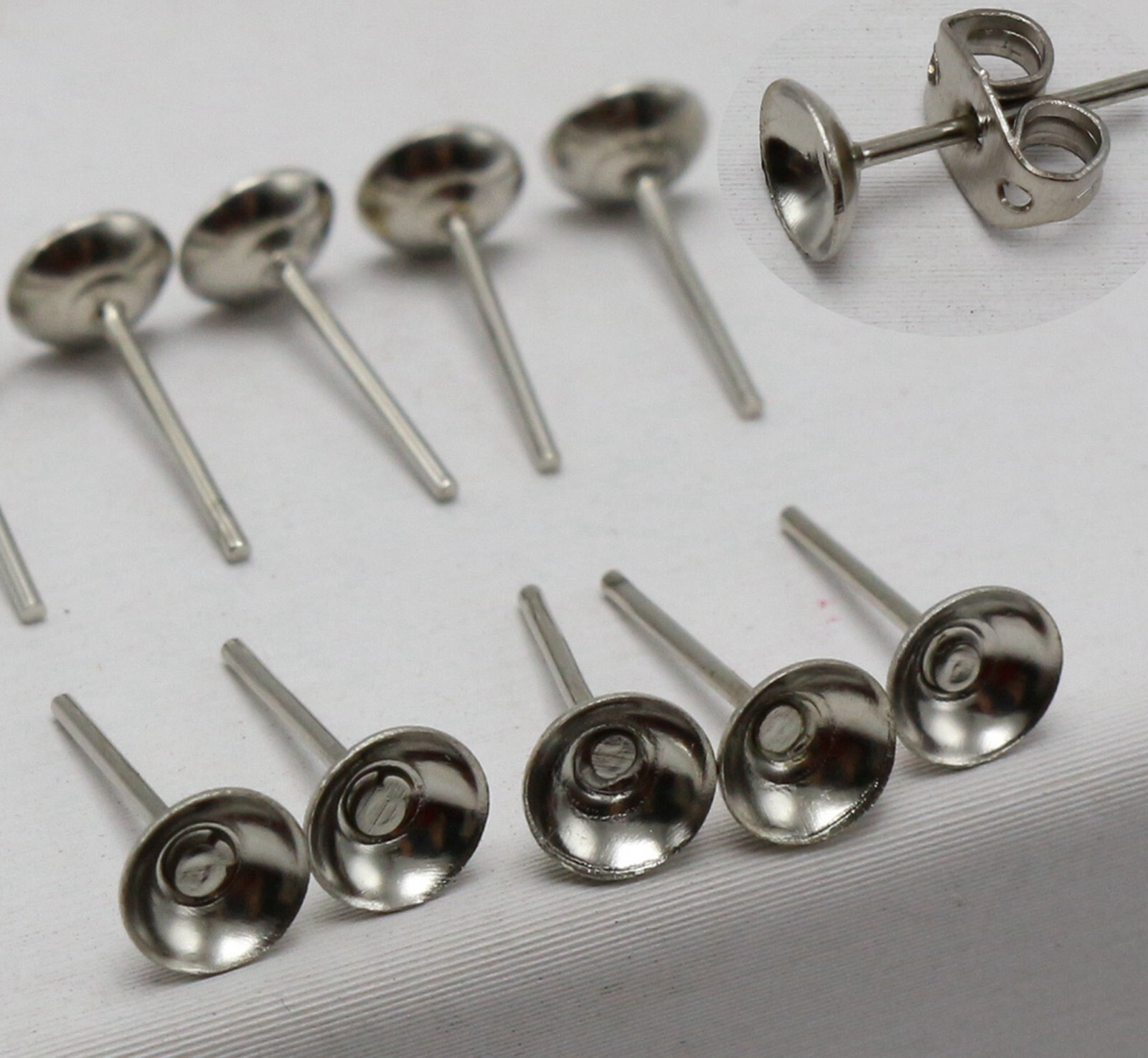 200 pcs Silver Blank Round Cup Peg 6mm Earring Stud Ear Post Pin with Stopper