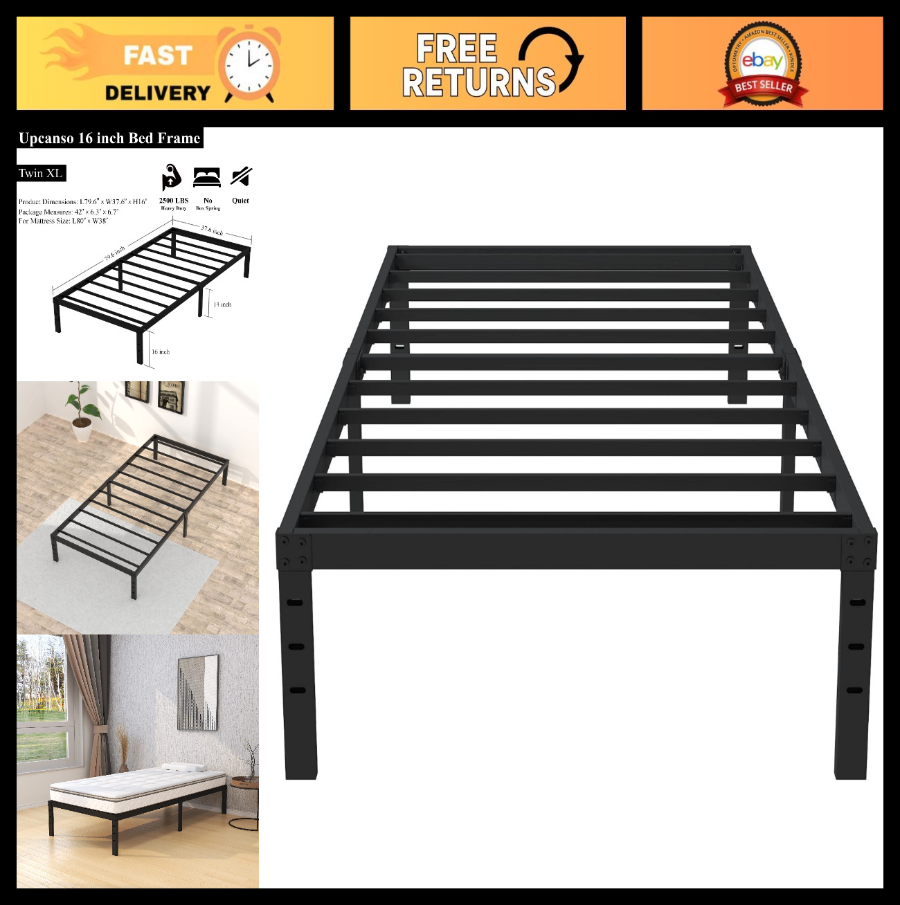 16" Twin XL Metal Bed Frame - Heavy Duty Steel Slats, Easy Assembly, Storage, Bl