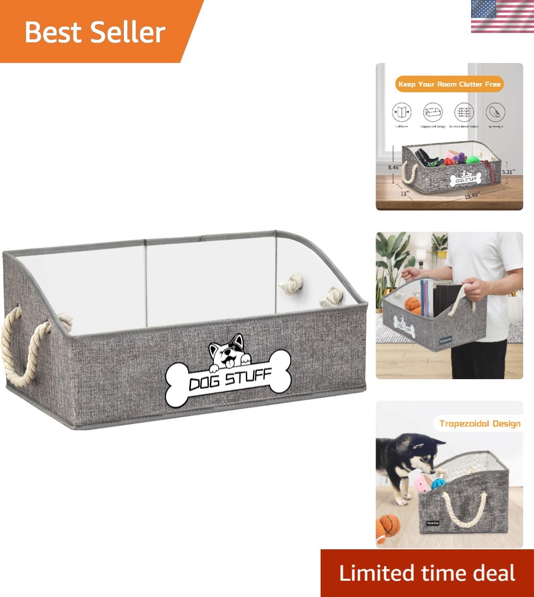 Dog Toy Basket, Storage Bin, Collapsible Box for Pet Accessories | Fabric Con...