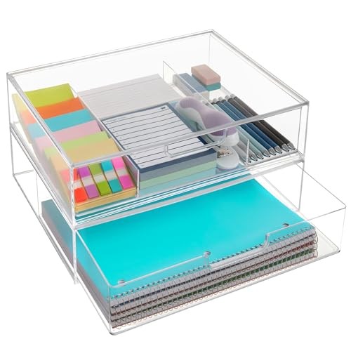STAX Plastic Stackable Organizer Drawers (Set of 2) | Open/Divided 2pk Clear