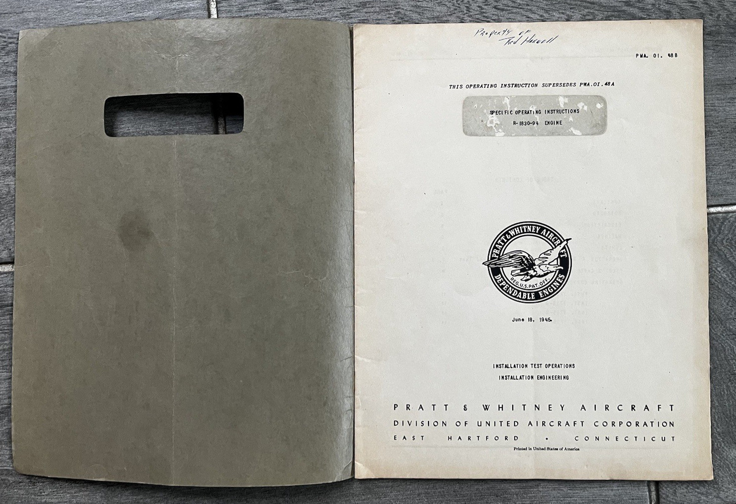 Pratt & Whitney R-1830-94 Engine Specific Operating Instructions 1946 Original