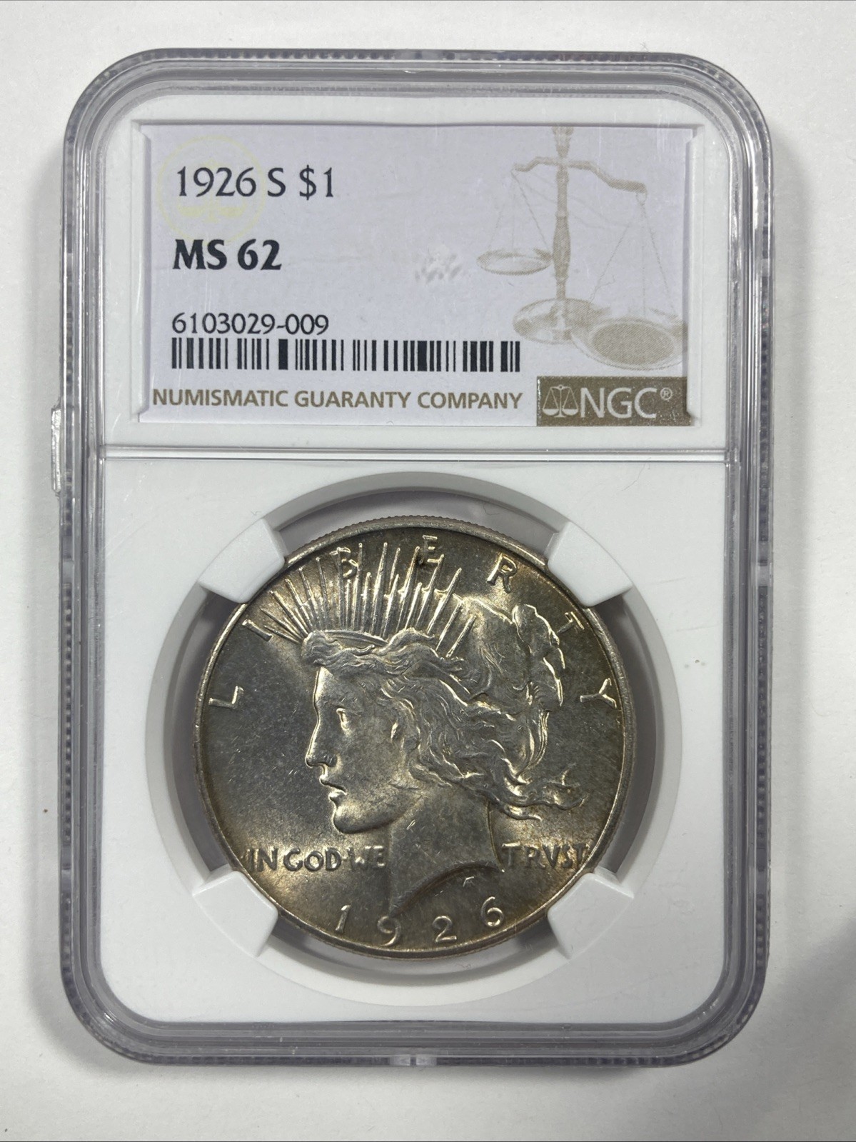 1926-S Peace Silver Dollar 1.00. NGC MS62.