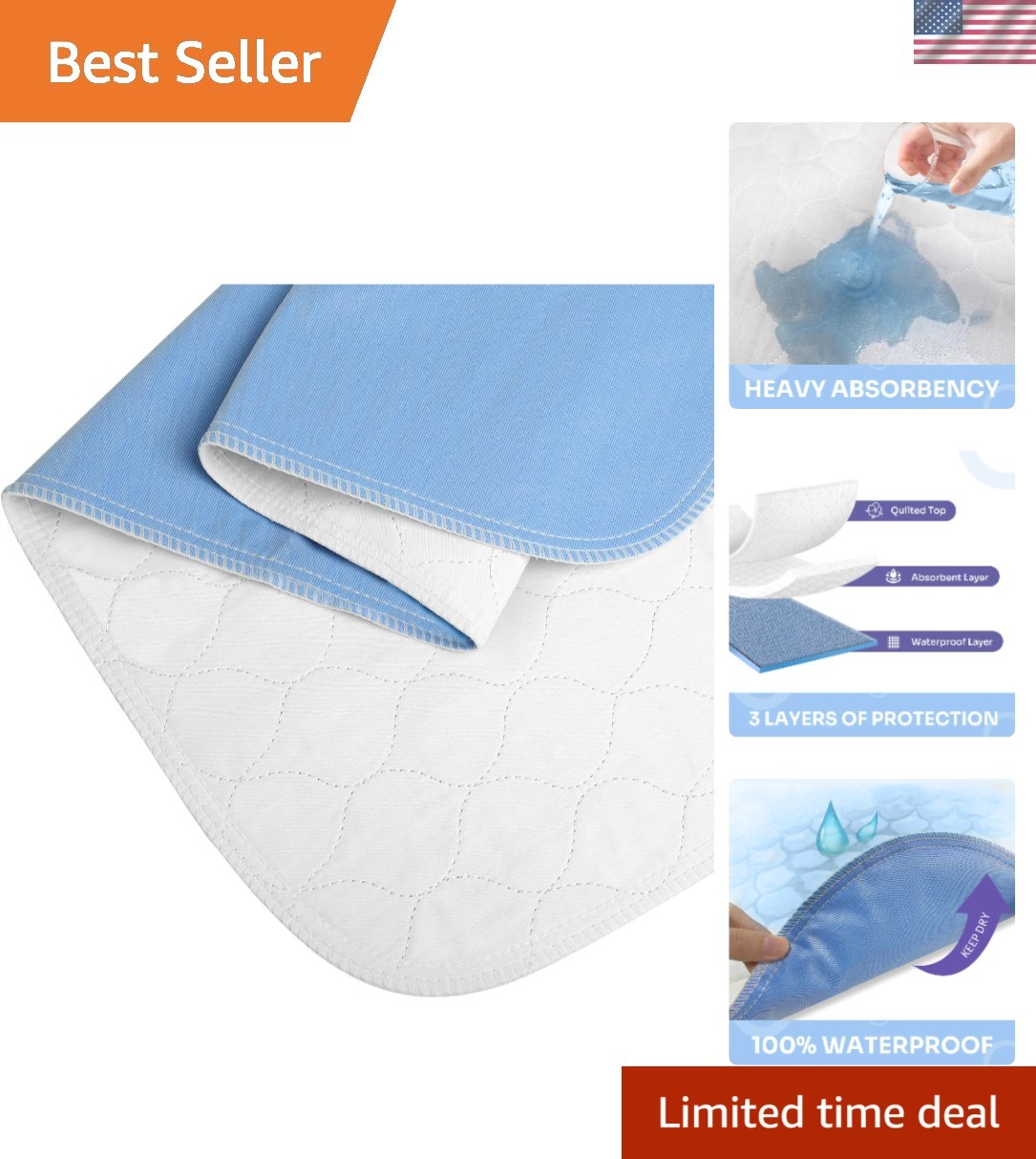 Heavy Absorbency Washable Bed Pads - 34x52 Inch Incontinence Underpads