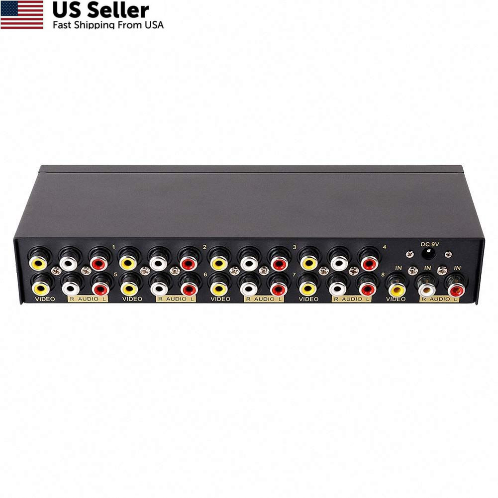 DTECH Powered 8 Way 3 RCA Splitter Box 1 in 8 Out 8 Port Splitter, Black