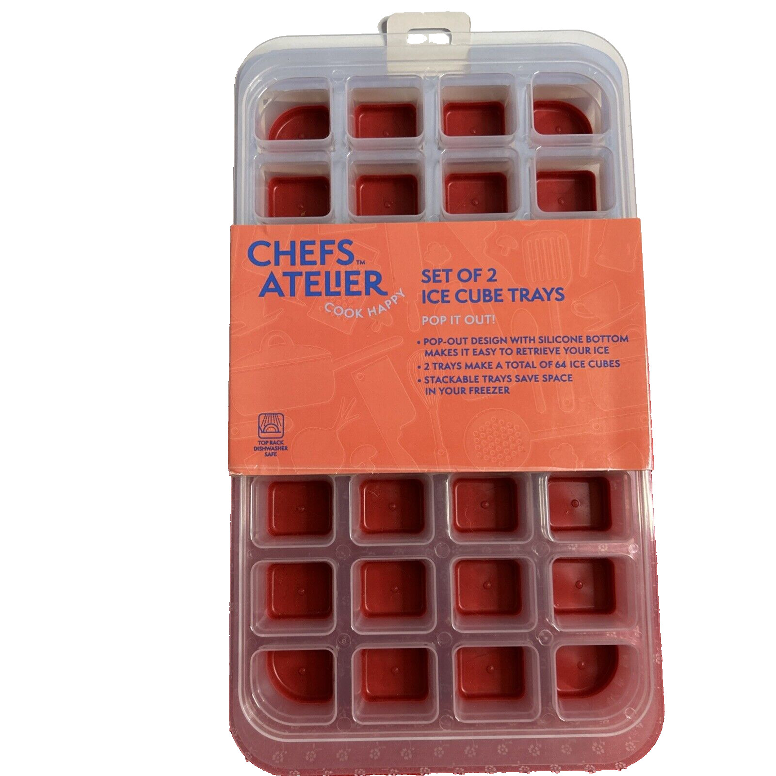 2 Chefs Atelier Brand Clear & Red  Ice Cube Trays 32 Small Pop Out Out Ice Cube