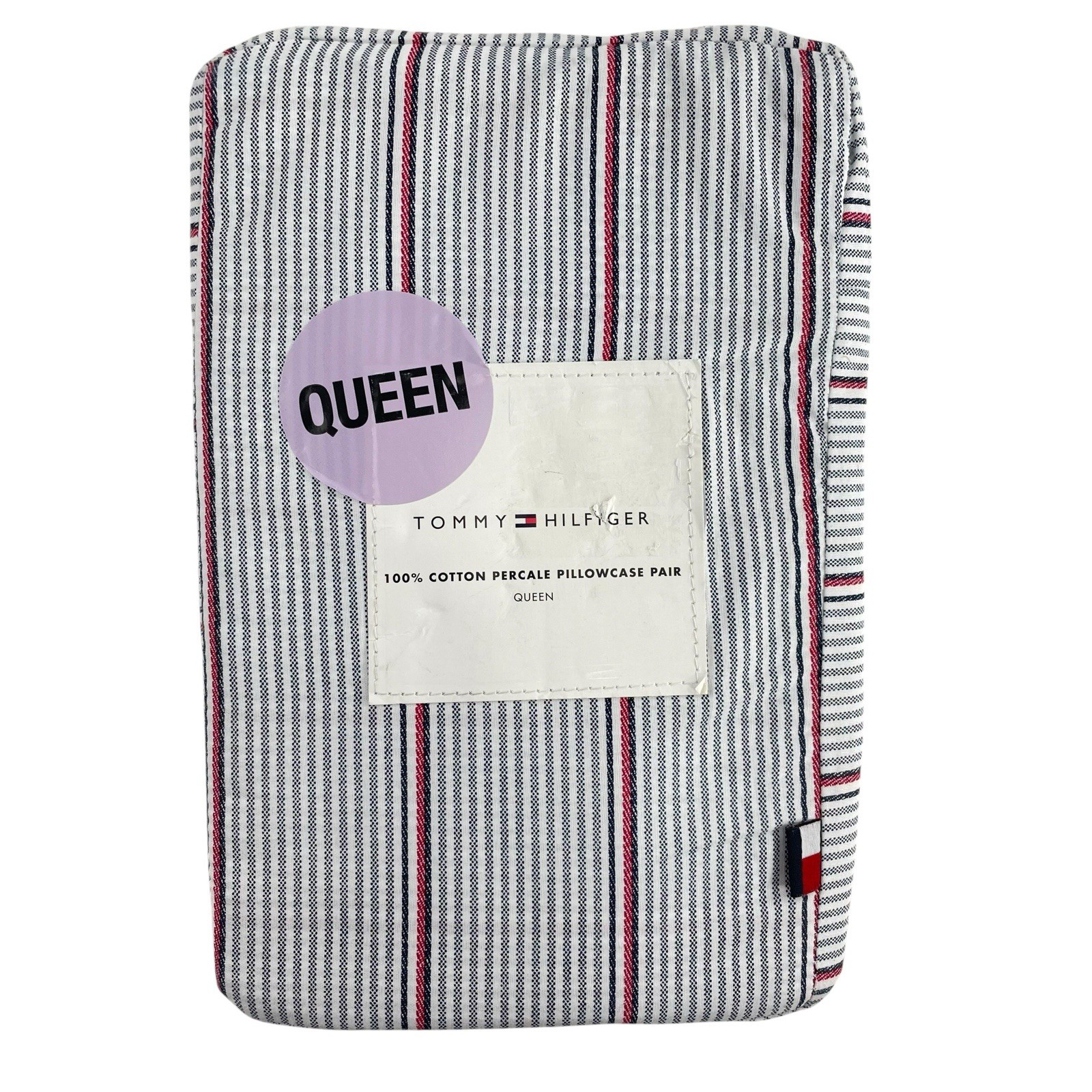 NEW Tommy Hilfiger QUEEN Pillowcases S/2 Navy Blue Striped 100% Cotton Percale
