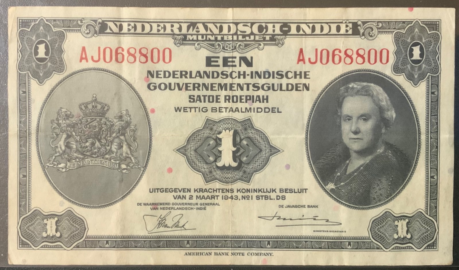 1943 NETHERLANDS-INDIES PAPER MONEY - ONE GULDEN BANKNOTE!