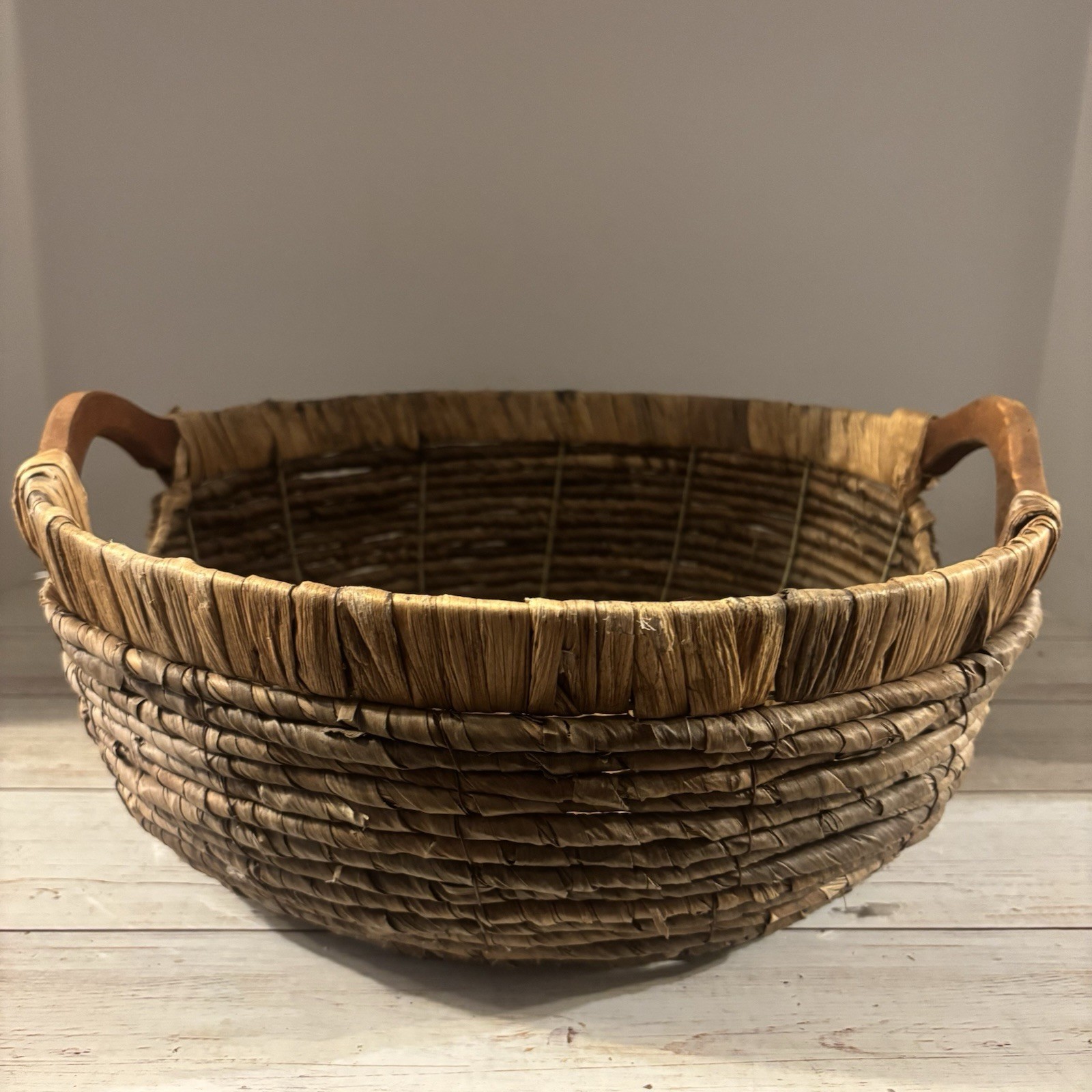 Vtg Hand Woven Rattan/Wicker Oval Basket with Wooden Handles 15”