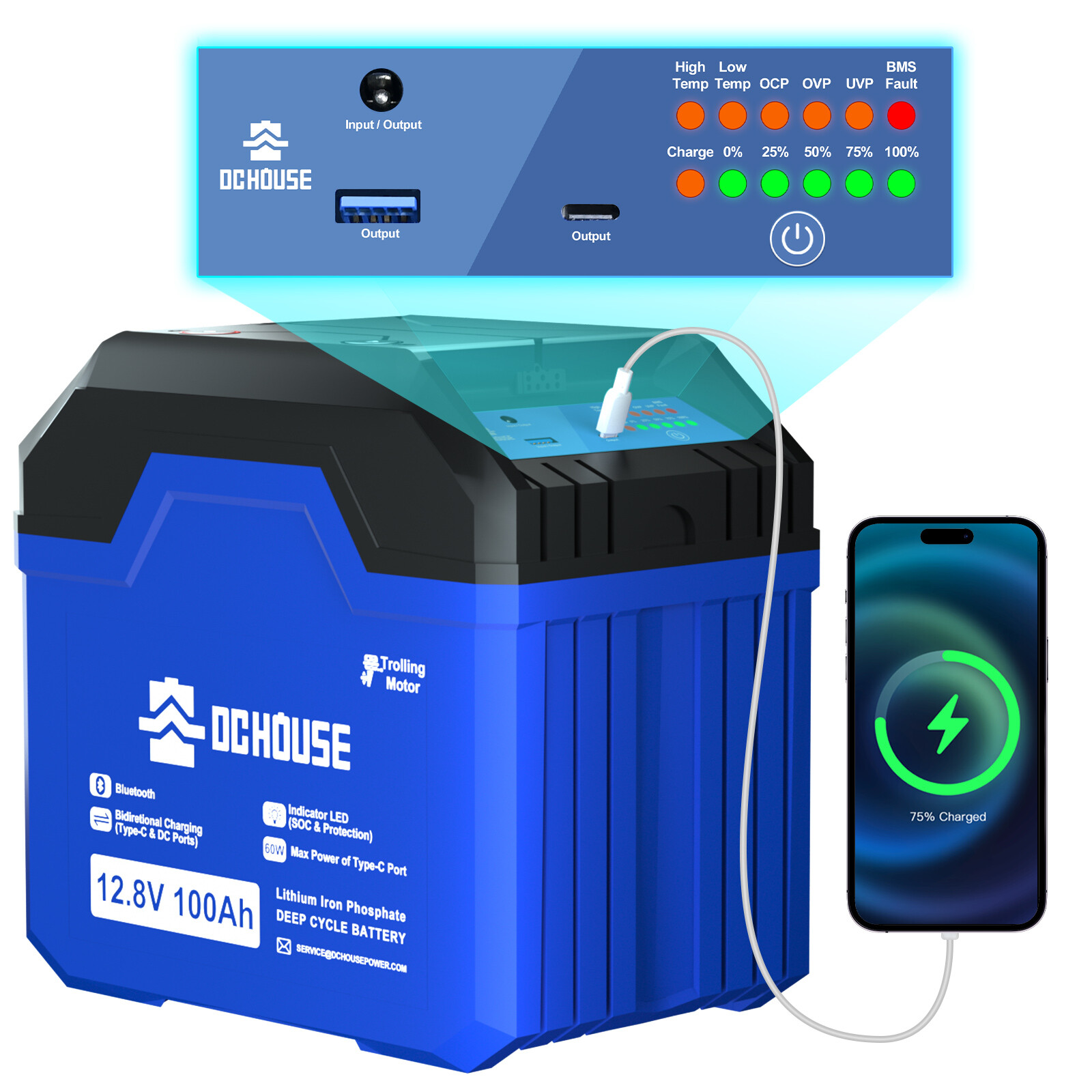 12V 100AH 3.0 LiFePO4 Lithium Battery with SOC Status Indicators Trolling Motor
