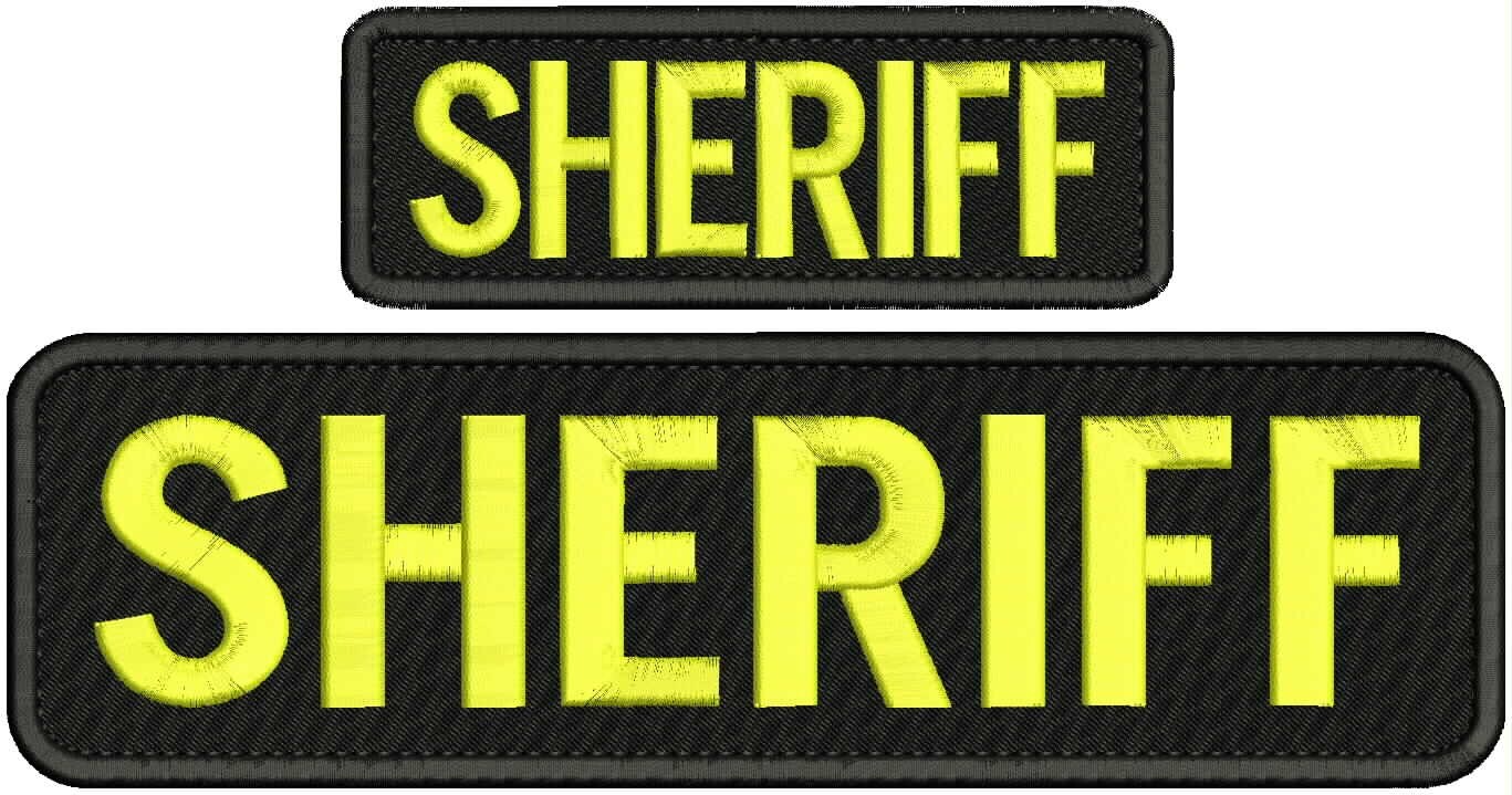 SHERIFF embroidery patches. 3x11 and 2x5hook on back YELLOW ON BLACK