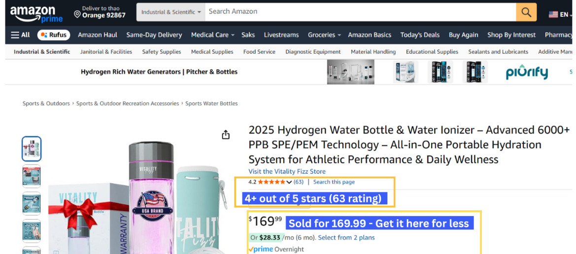 Open Box Vitality Fizz Hydrogen Bottle w/ Inhaler Kit | 6000+ PPB | SPE/PEM Tech