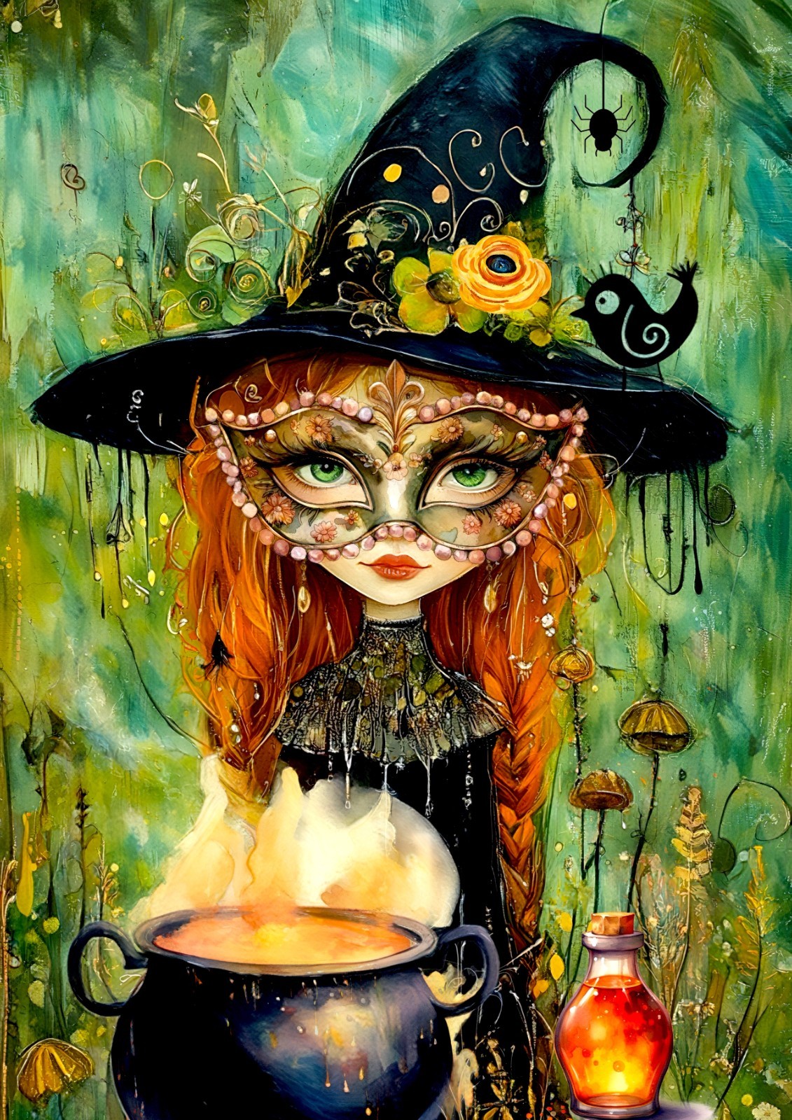 ACEO Artist Trading Card - Halloween Theme,  2.5x3.5 Girl Brewing Potions