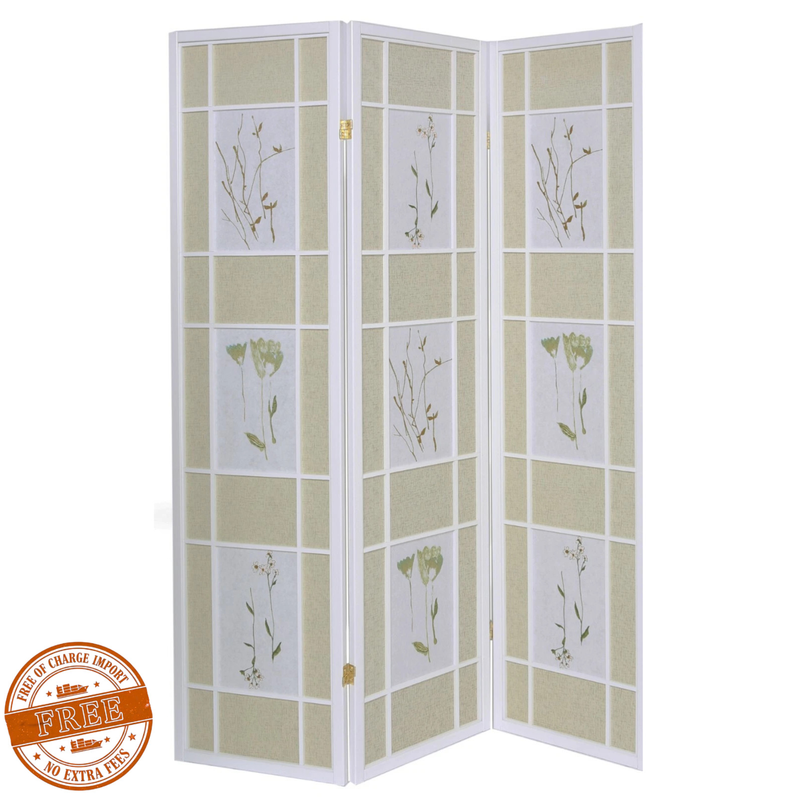 3 Panel Room Divider Privacy Screen Panel Floral Botanical Print, White, NEW