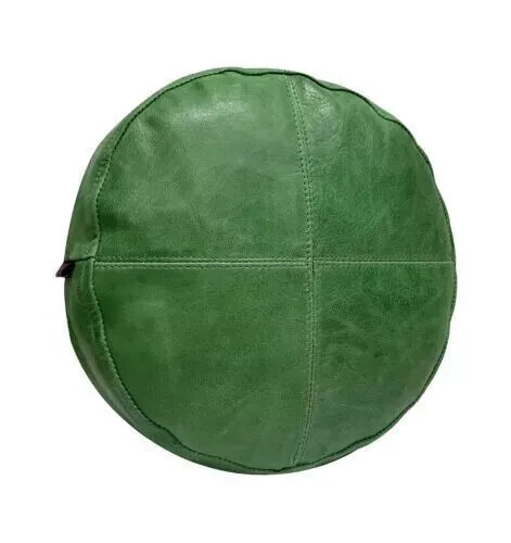Pillow Cover Green Genuine Lambskin Leather Round Cushion Decorative Home Décor