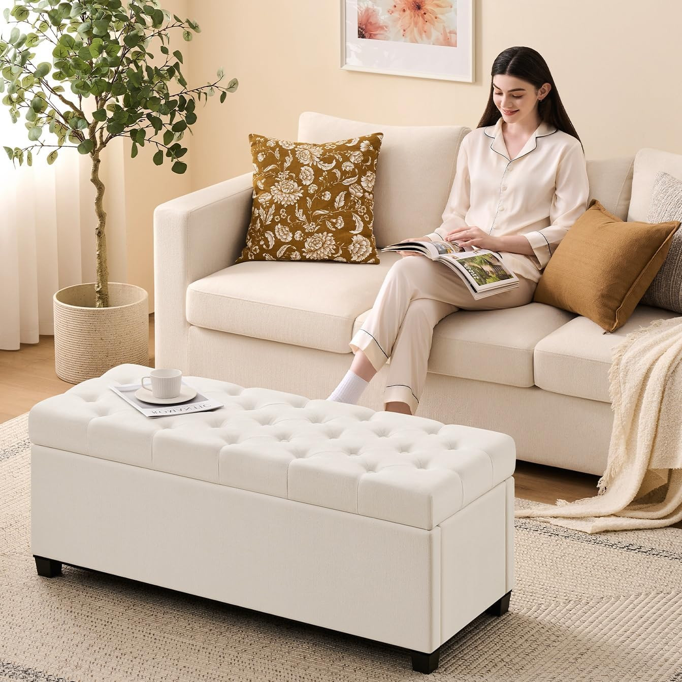 47.2" Ottoman with Storage, Storage Ottoman Bench with Safety Hinge,Tufted End o