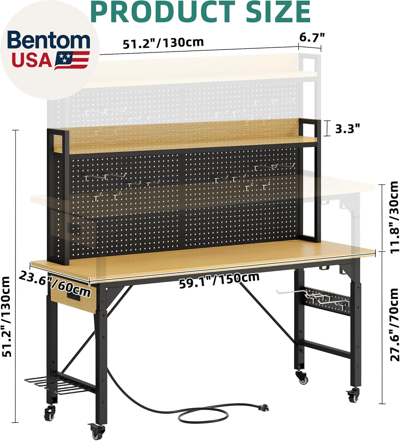 60 Inch Adjustable Workbench Rolling Pegboard Garage Table