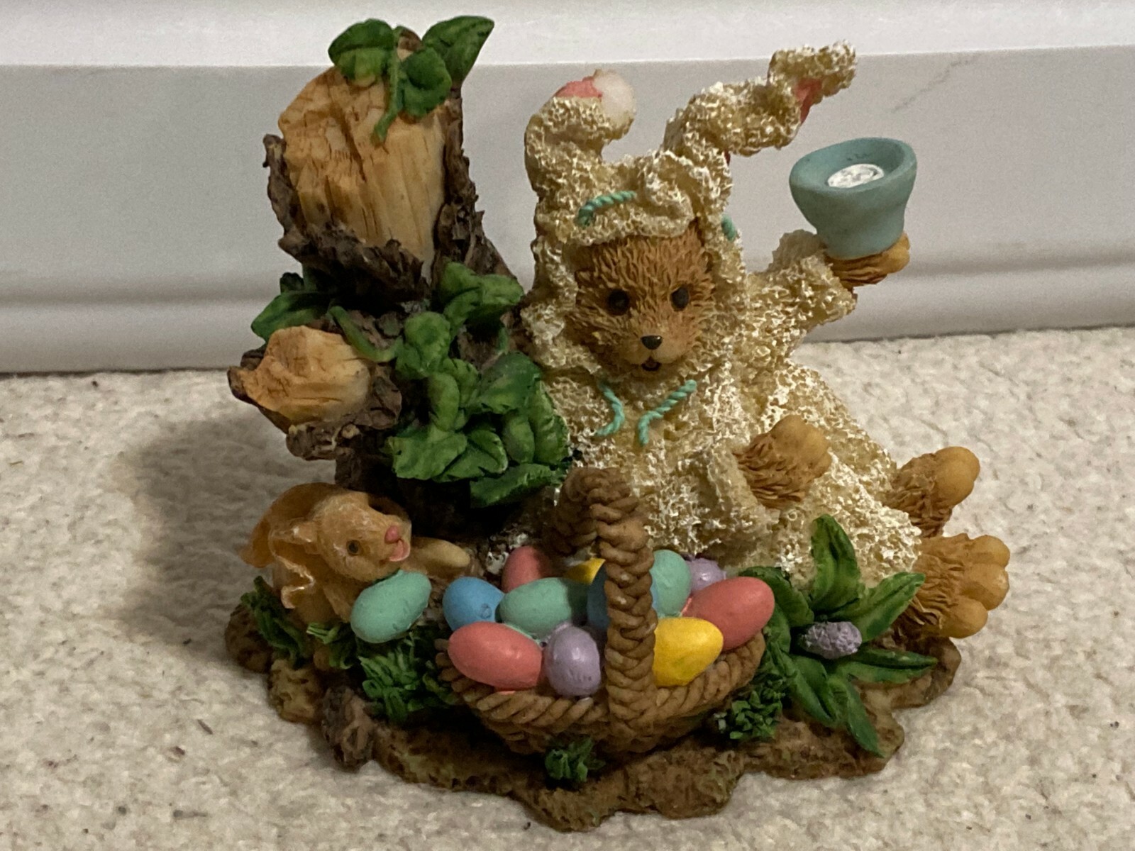 Anthropomorphic Ceramic Bear as Easter Bunny Figurine w/ Easter Egg Basket