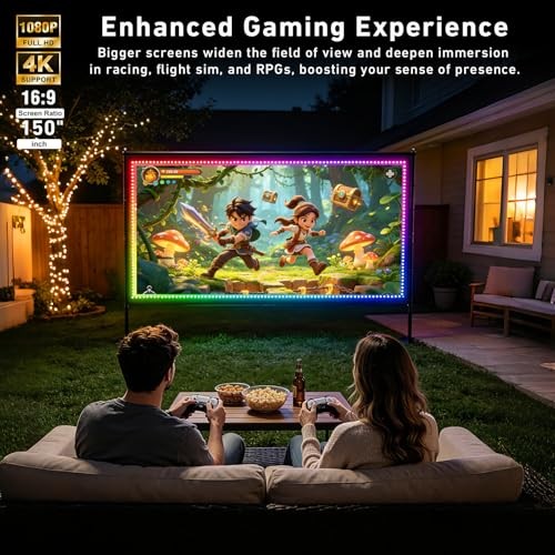 Projector Screen with Stand, USB String Lights Connection 16:9 4K HD 150 inch