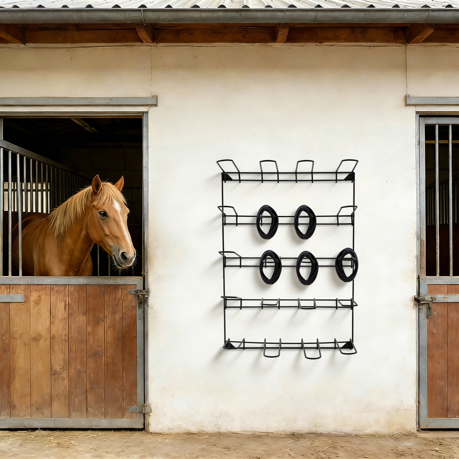 Wall-Mounted Stable Tack & Tool Storage Rack w/ 5-Tier Hook Design(Black)