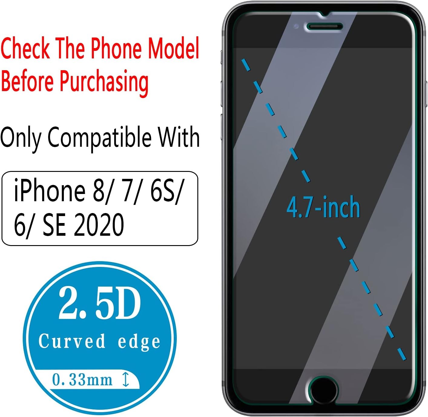 2 Pack) Tempered Glass For iPhone SE 2020, iPhone 8, iPhone 7, iPhone 6S, iPhone