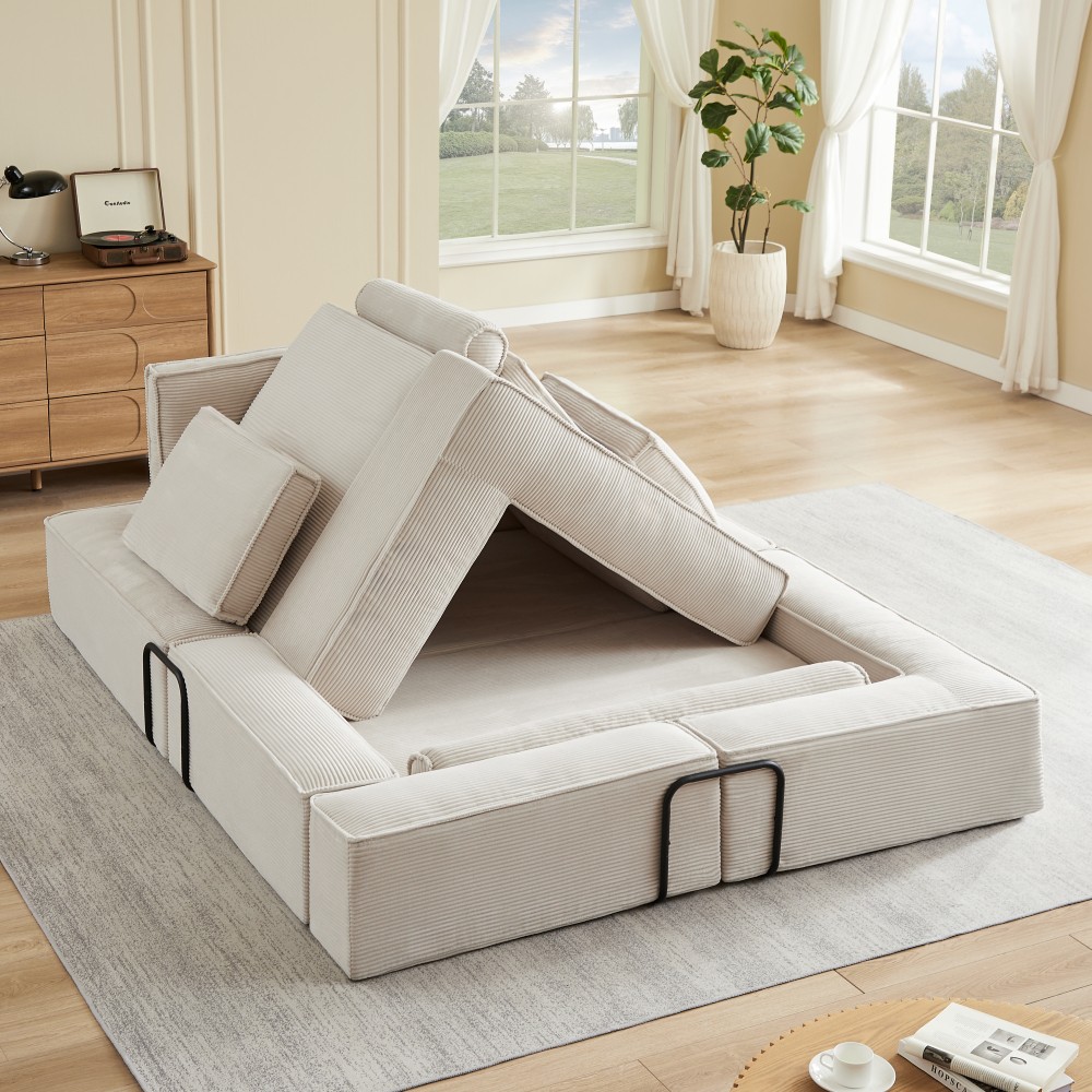 4-Seat Corduroy Modular Sectional Sofa Deep Seat Convertible Khaki Free Shipping