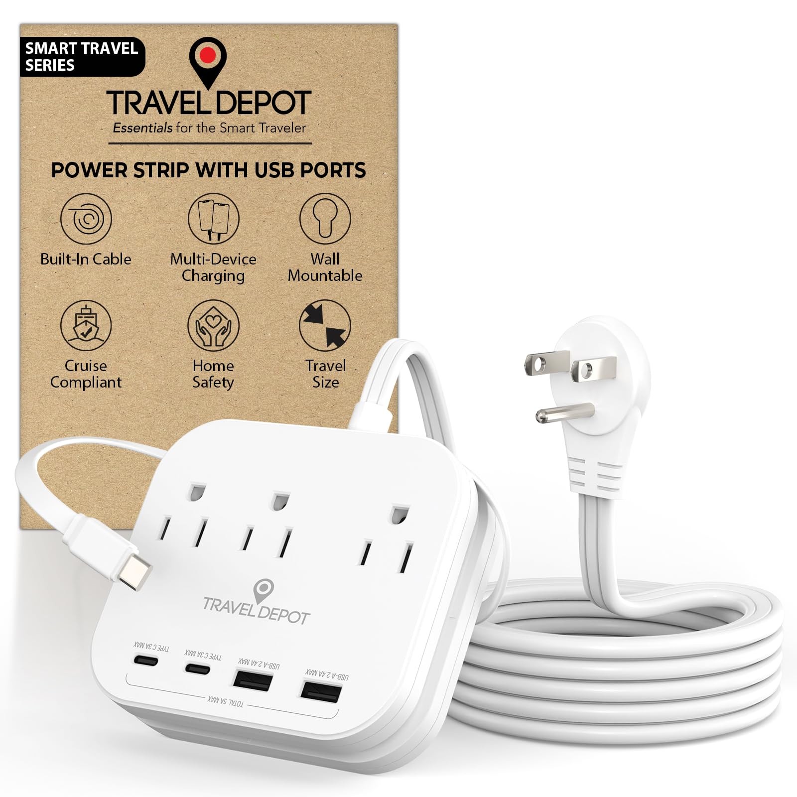 Cruise Essentials Flat Plug Power Strip, Durable 5 ft Extension Cord w/ 3 Out...