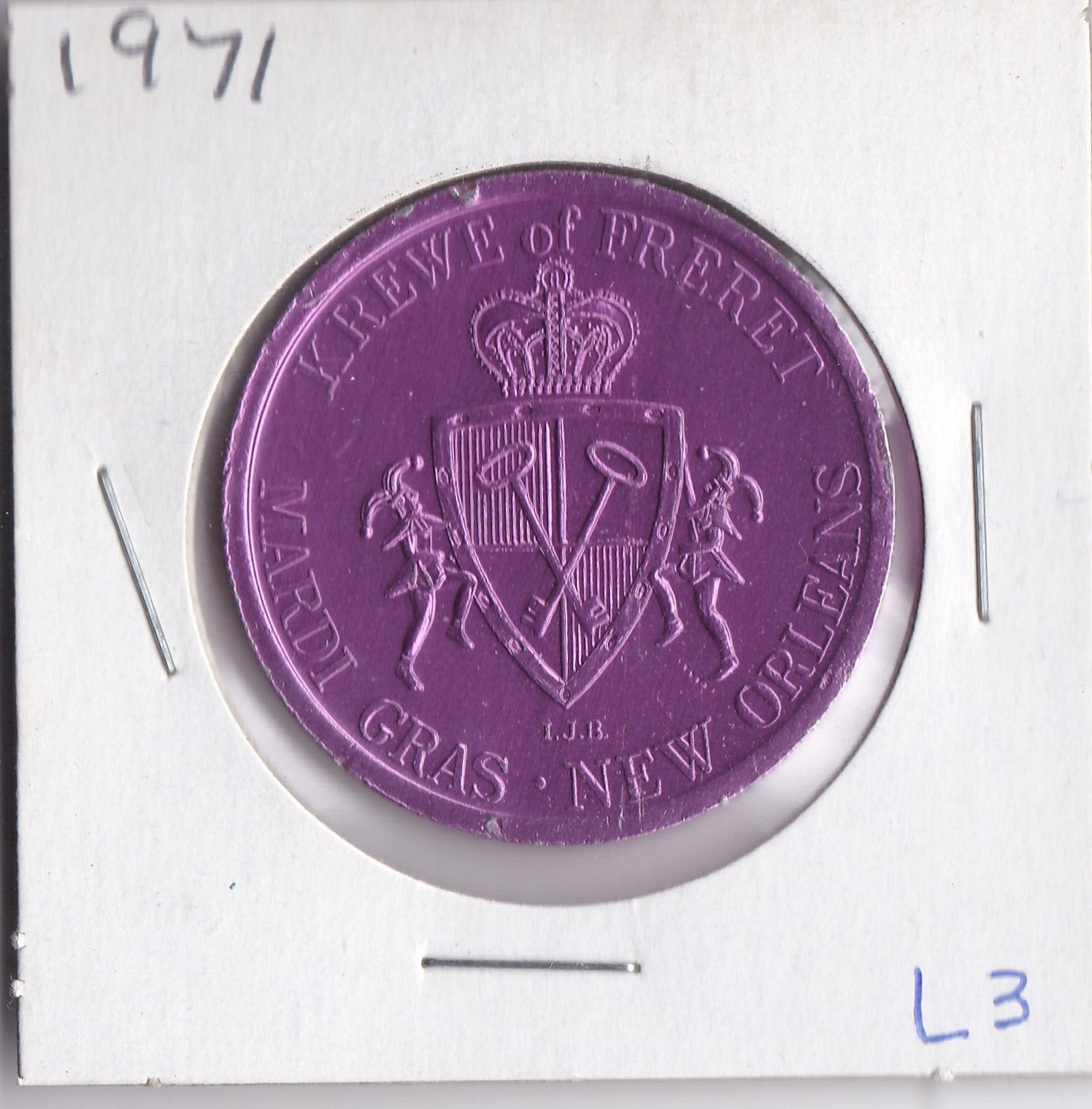 1971 KREWE of FRERET  MARDI GRAS NEW ORLEANS  Aluminum DOUBLOON (Purple L3)