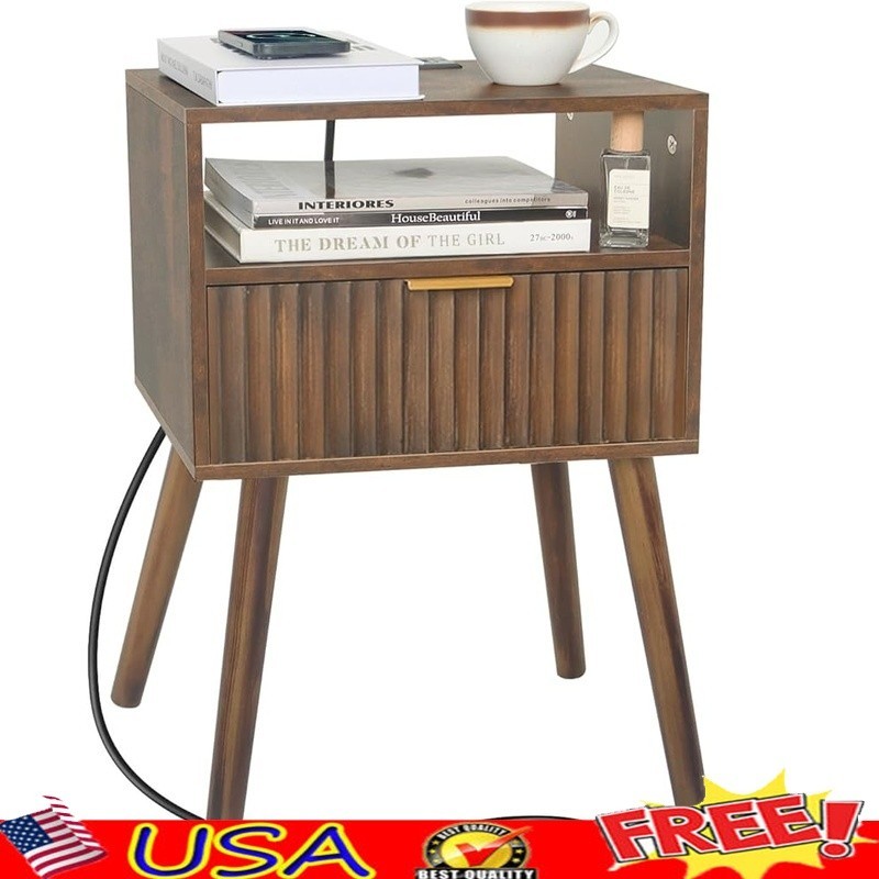 Mid Century Modern Nightstand W/ Charging Station & Ample Storage Space New