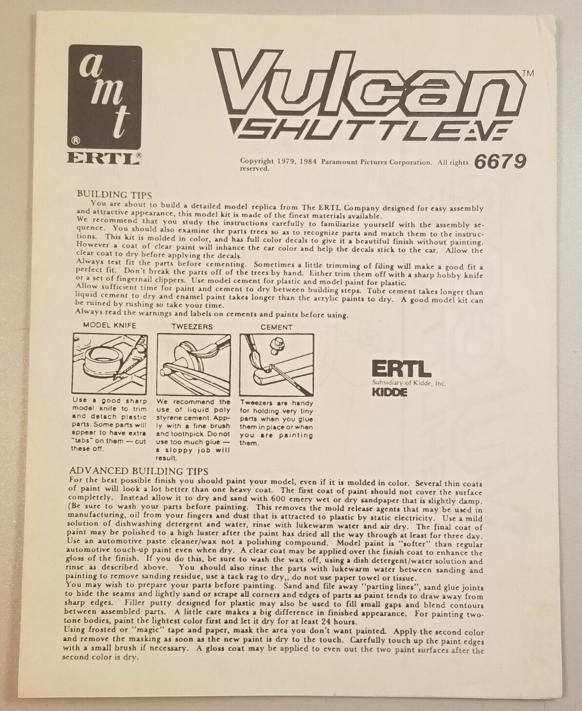 1984 AMT/ERTL STAR TREK THE MOTION PICTURE VULCAN SHUTTLE #6679 INSTRUCTIONS