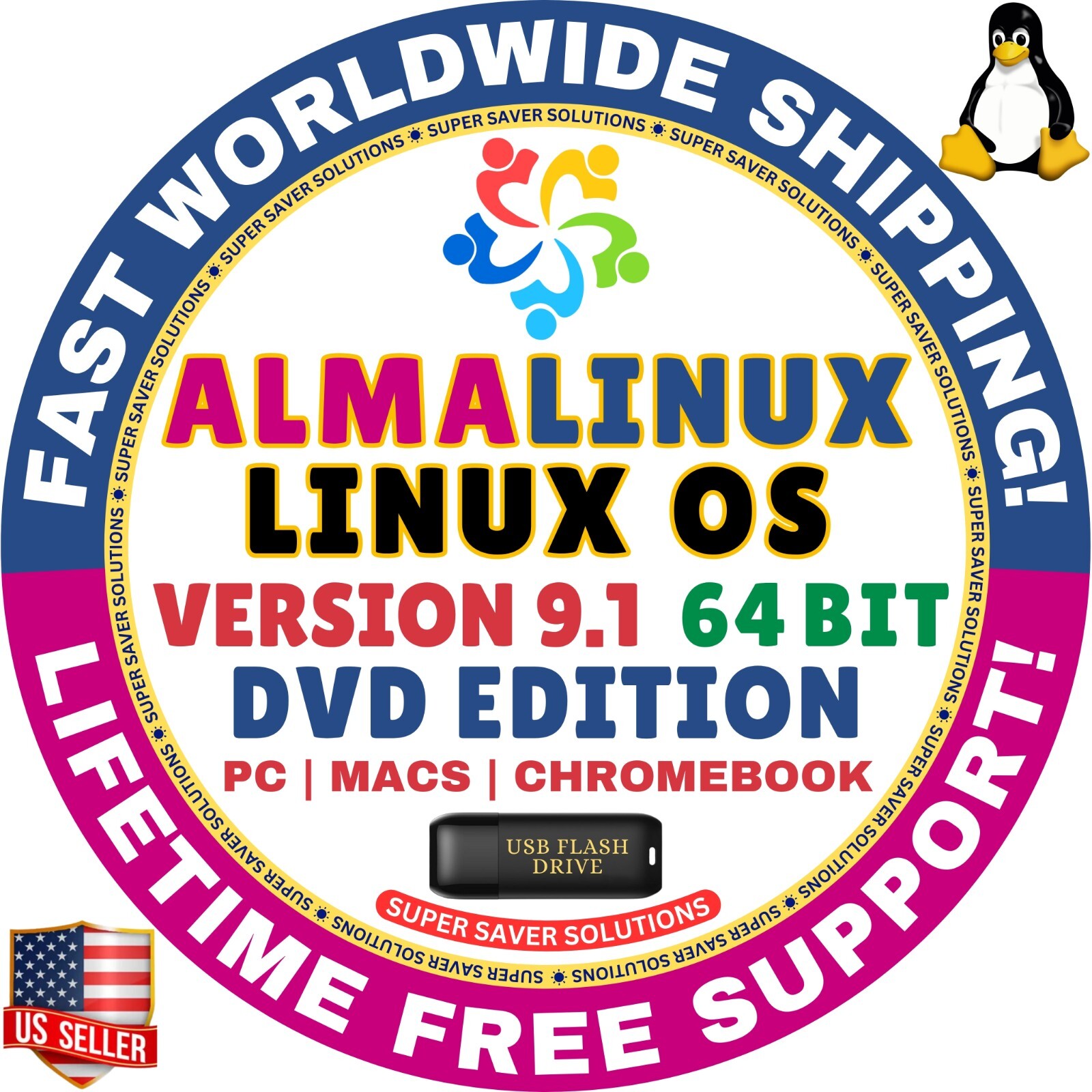Alma Linux OS 9.1 | USB Flash Drive | AMD64 | MAC, PC | AlmaLinux
