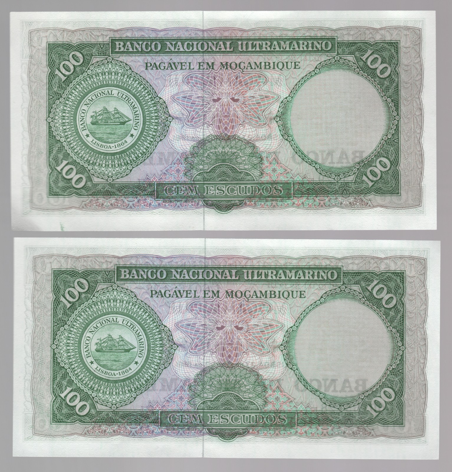 1961 Mozambique 100 Escudos Banknotes x2 – Consecutive Numbers