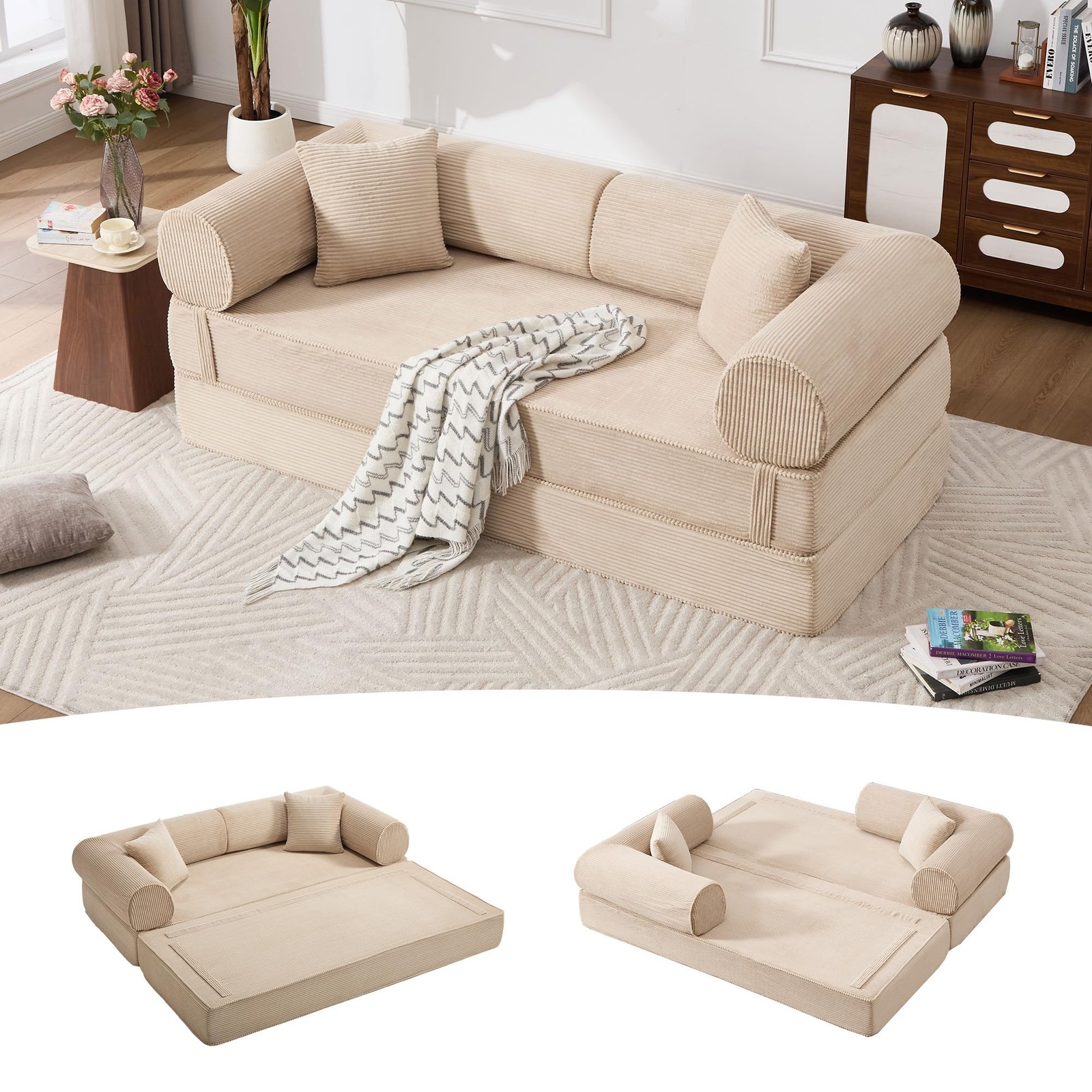 79'' Convertible Sofa Bed Corduroy Folding Futon Sleeper Floor Couch Khaki