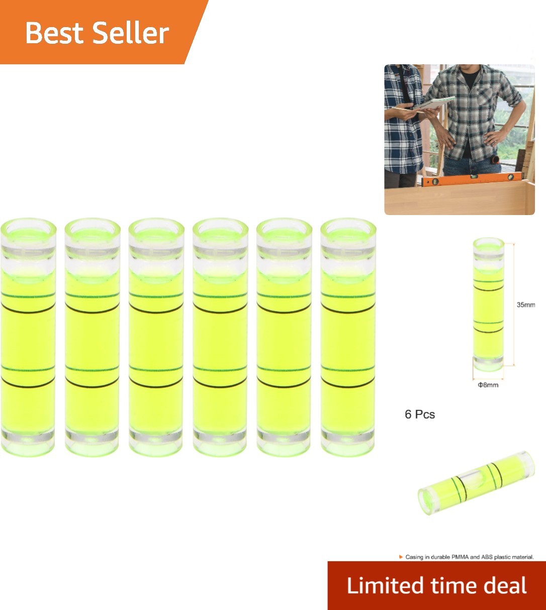 6pcs Small Cylindrical Bubble Level Vials 8x35mm PMMA Mini Horizontal Bubble ...